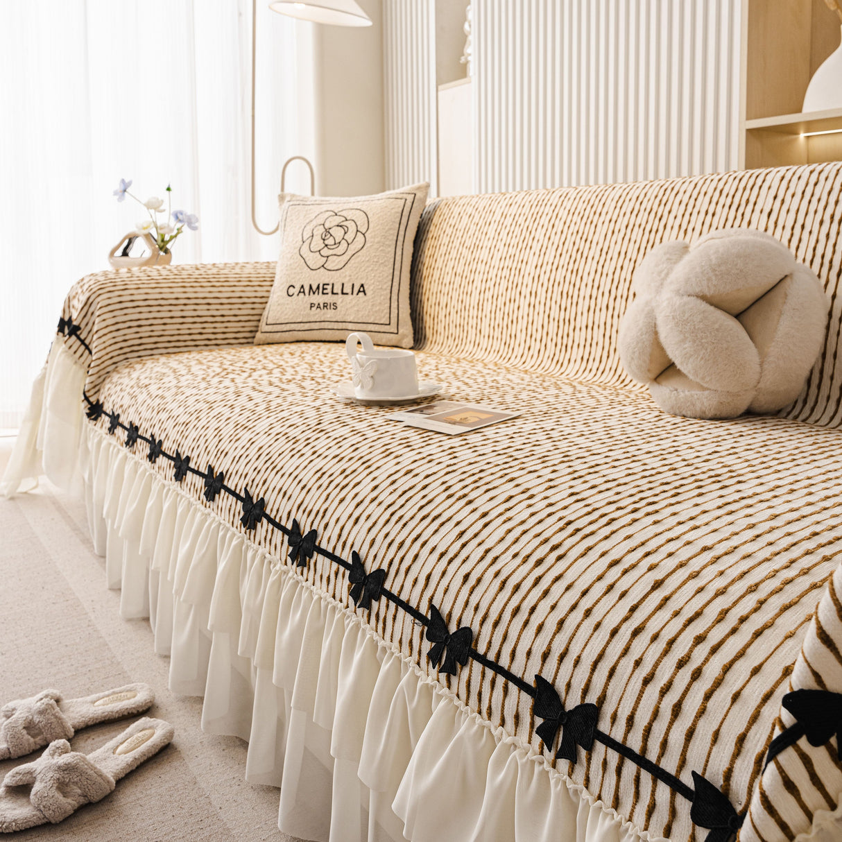 Ruffled Sofa Cover with Bowknot Decor, French Country Style Skirted Couch Slipcover