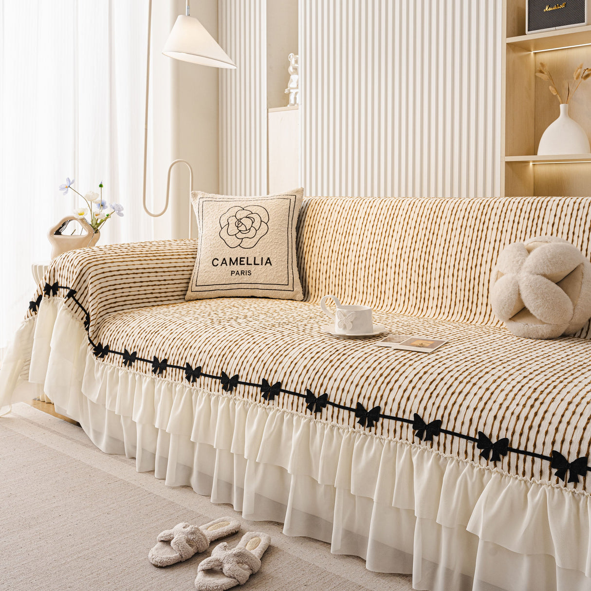 Ruffled Sofa Cover with Bowknot Decor, French Country Style Skirted Couch Slipcover