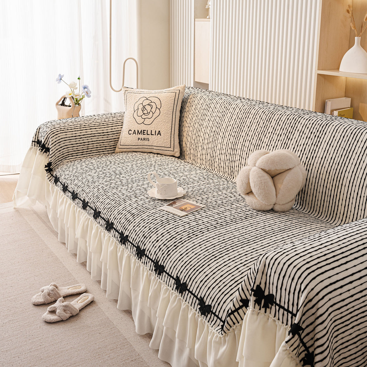 Ruffled Sofa Cover with Bowknot Decor, French Country Style Skirted Couch Slipcover