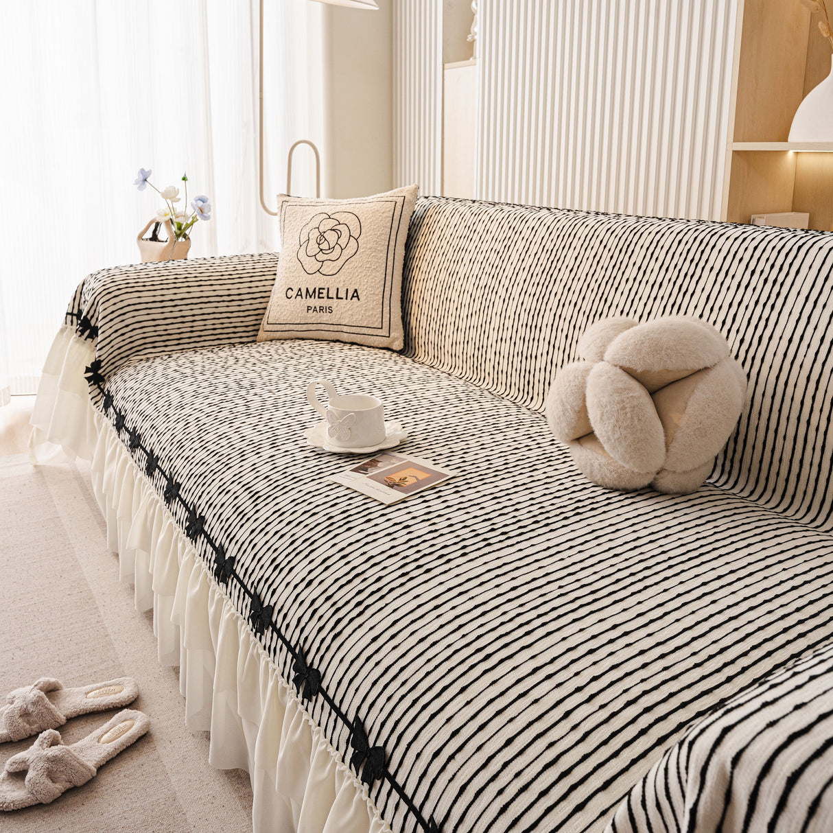 Ruffled Sofa Cover with Bowknot Decor, French Country Style Skirted Couch Slipcover