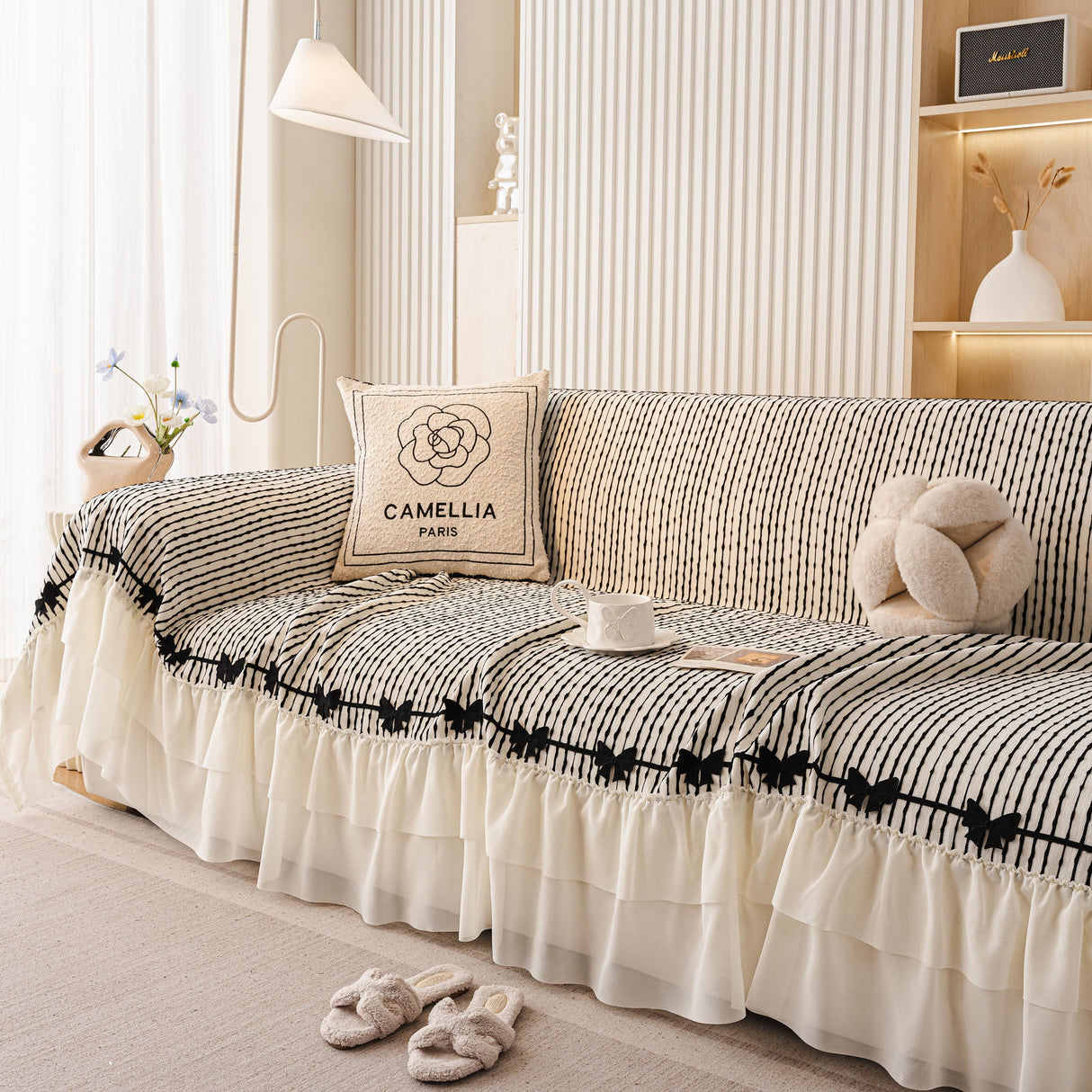 Ruffled Sofa Cover with Bowknot Decor, French Country Style Skirted Couch Slipcover