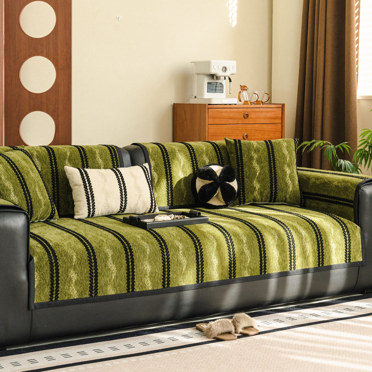Non-Slip Sofa Cover with Thick Chenille Texture Woven Stripe Couch Protector Throw