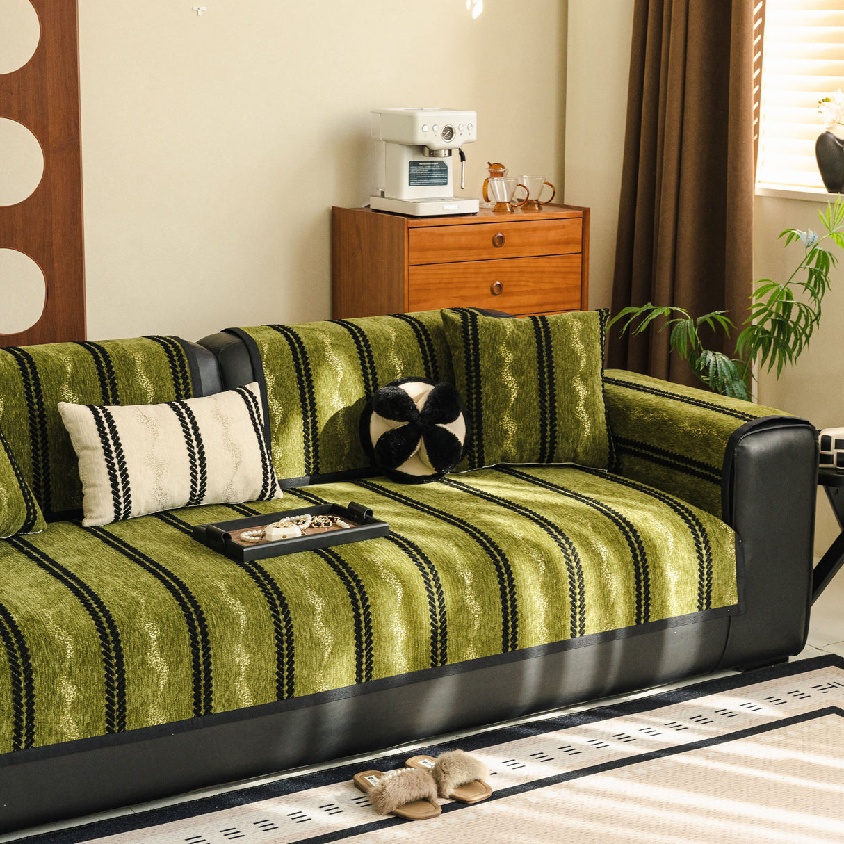 Non-Slip Sofa Cover with Thick Chenille Texture Woven Stripe Couch Protector Throw