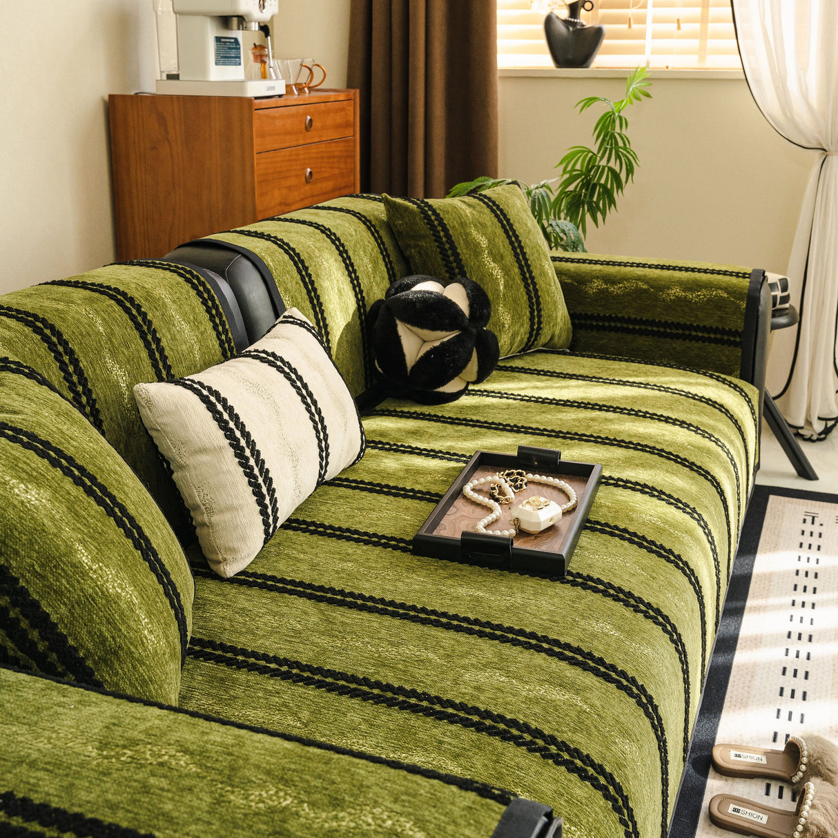 Non-Slip Sofa Cover with Thick Chenille Texture Woven Stripe Couch Protector Throw