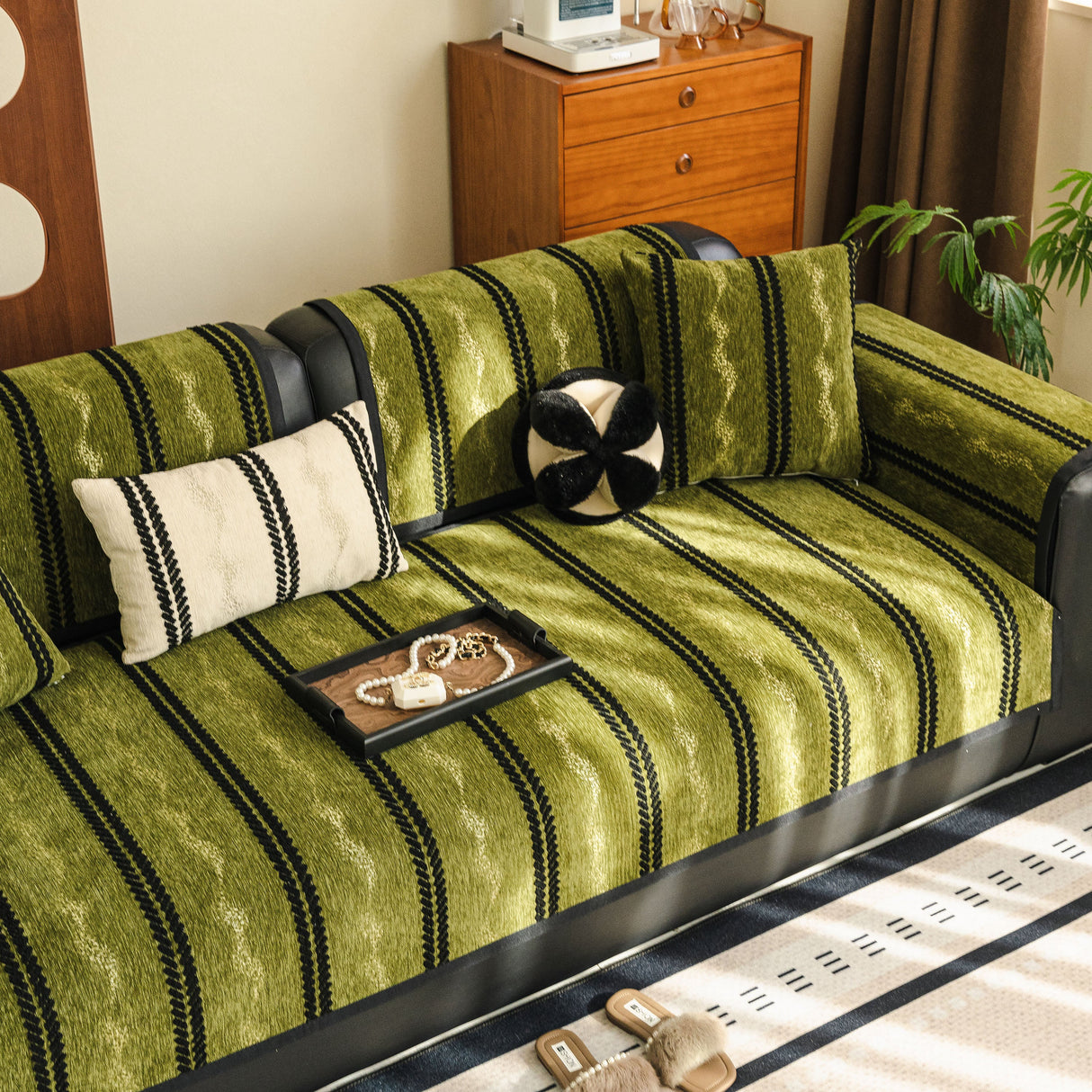 Non-Slip Sofa Cover with Thick Chenille Texture Woven Stripe Couch Protector Throw