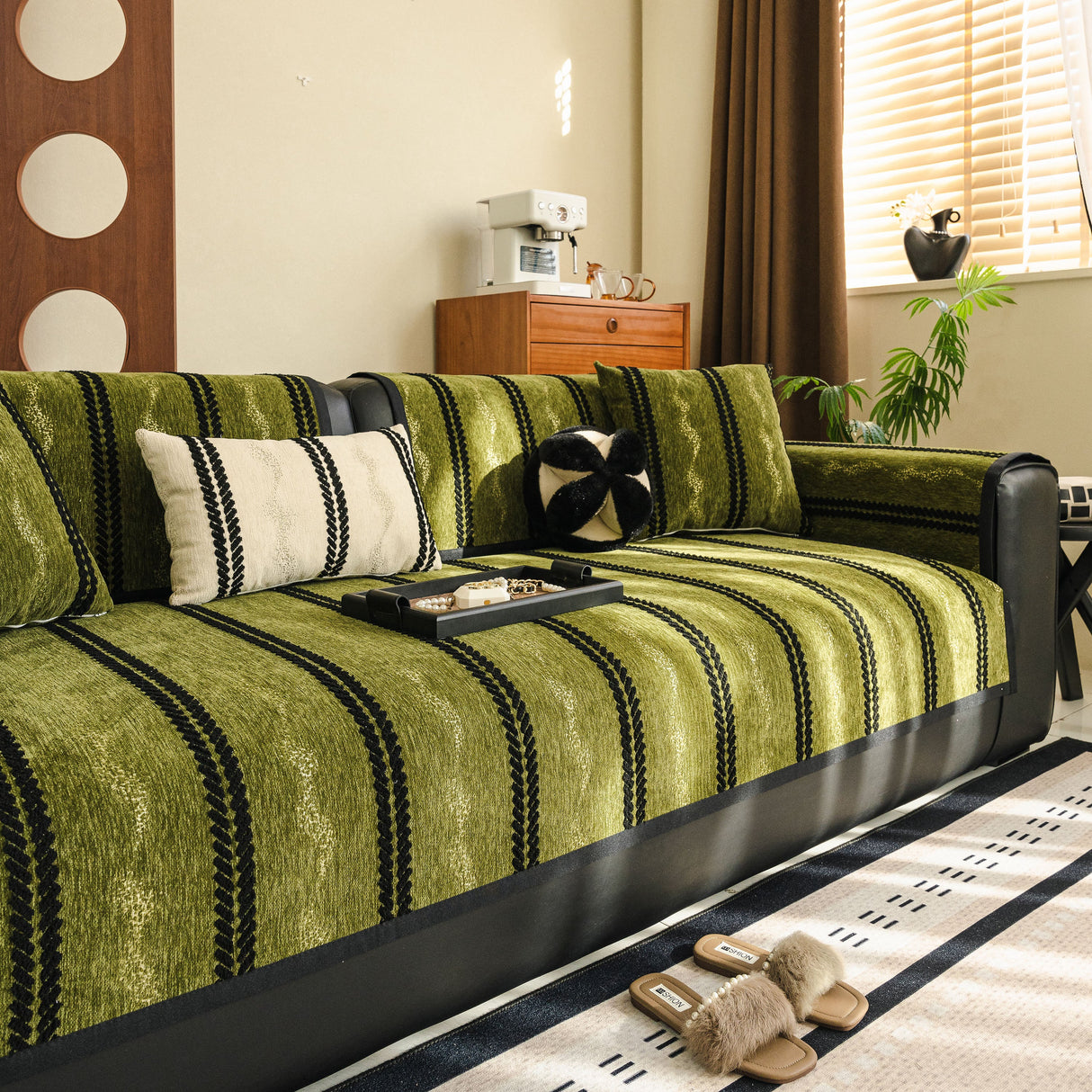 Non-Slip Sofa Cover with Thick Chenille Texture Woven Stripe Couch Protector Throw