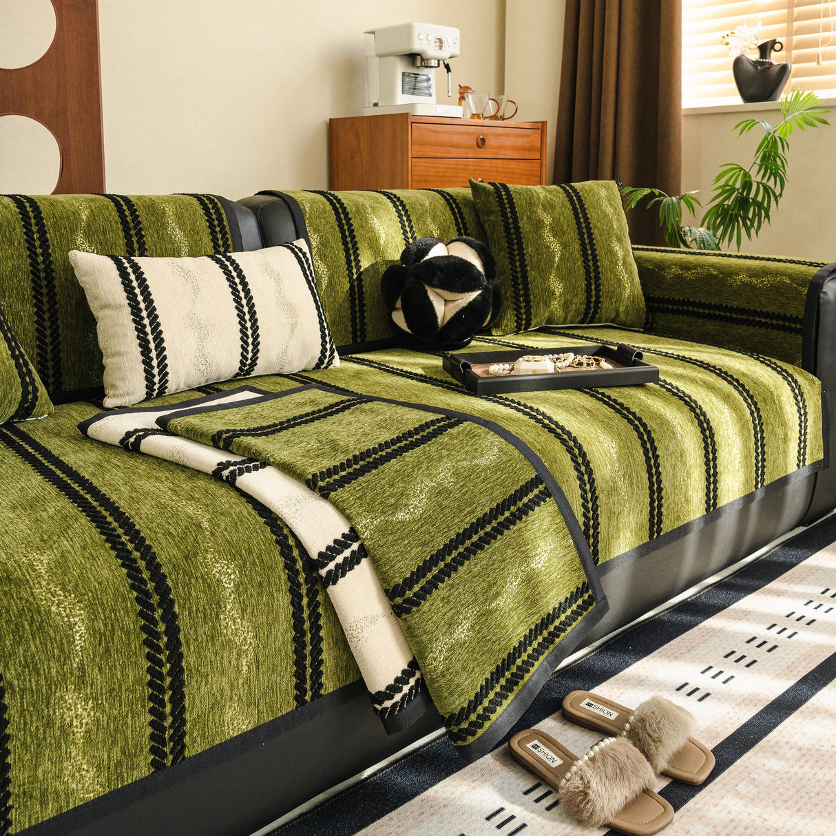 Non-Slip Sofa Cover with Thick Chenille Texture Woven Stripe Couch Protector Throw