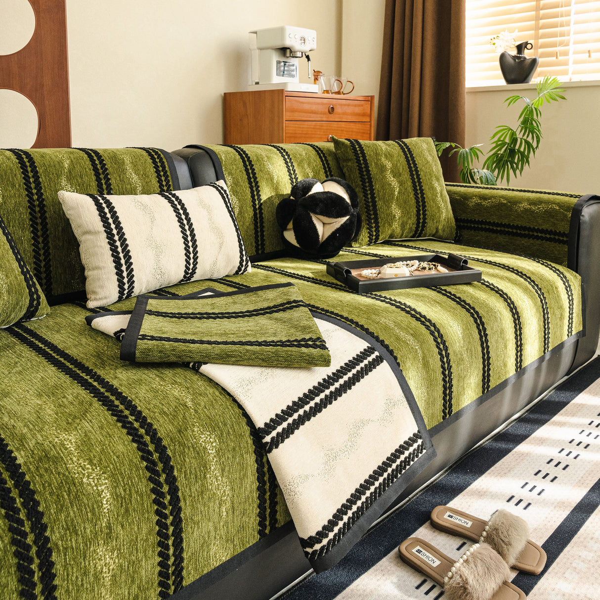 Non-Slip Sofa Cover with Thick Chenille Texture Woven Stripe Couch Protector Throw