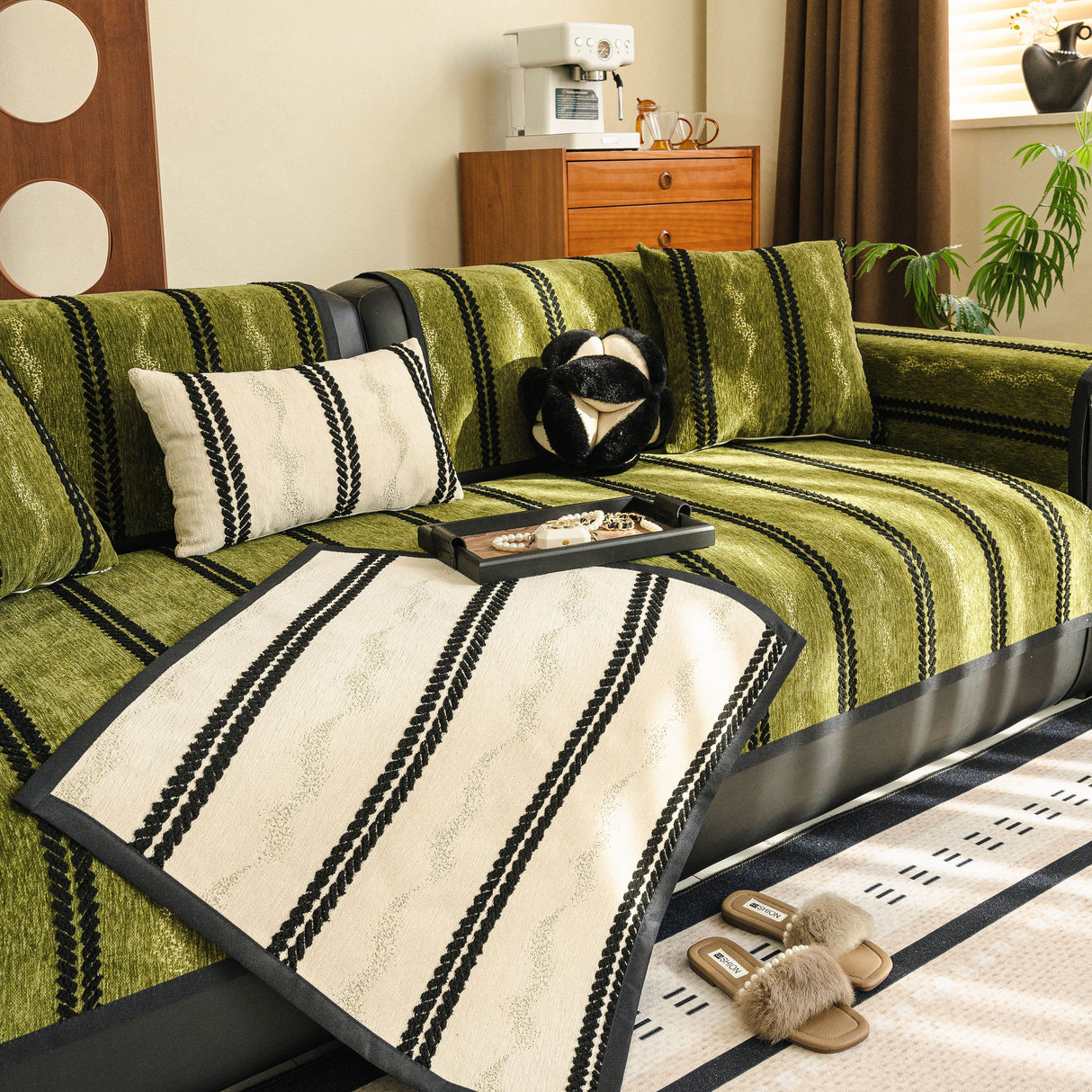 Non-Slip Sofa Cover with Thick Chenille Texture Woven Stripe Couch Protector Throw