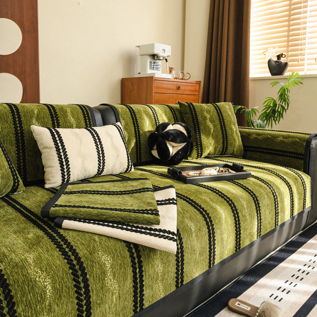 Non-Slip Sofa Cover with Thick Chenille Texture Woven Stripe Couch Protector Throw