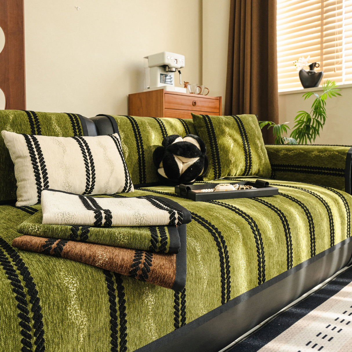 Non-Slip Sofa Cover with Thick Chenille Texture Woven Stripe Couch Protector Throw