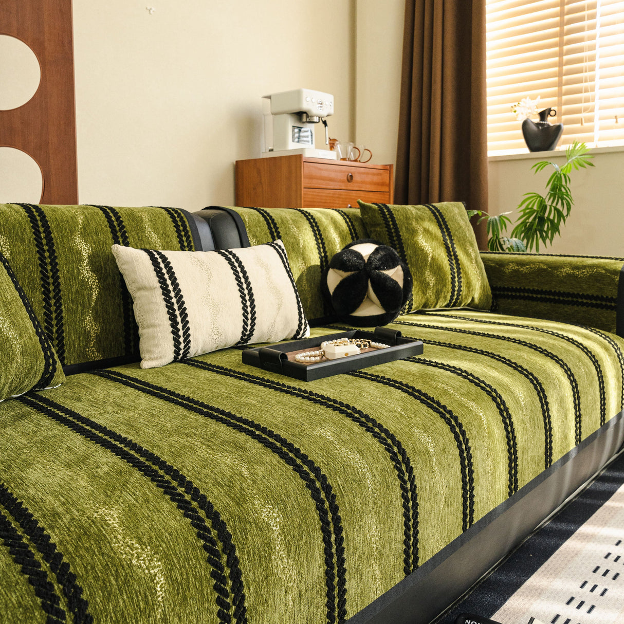 Non-Slip Sofa Cover with Thick Chenille Texture Woven Stripe Couch Protector Throw