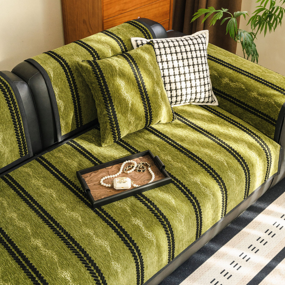 Non-Slip Sofa Cover with Thick Chenille Texture Woven Stripe Couch Protector Throw