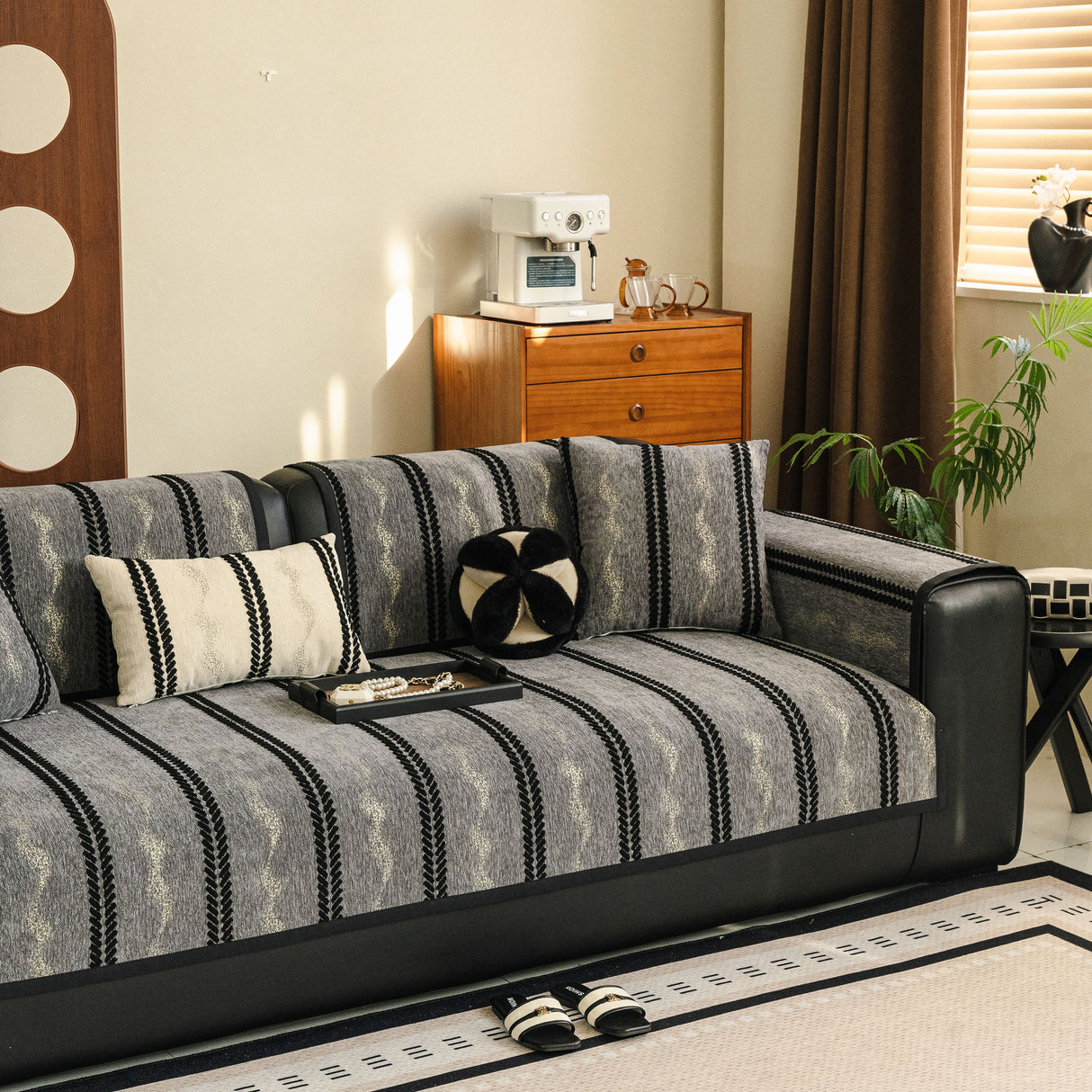 Non-Slip Sofa Cover with Thick Chenille Texture Woven Stripe Couch Protector Throw