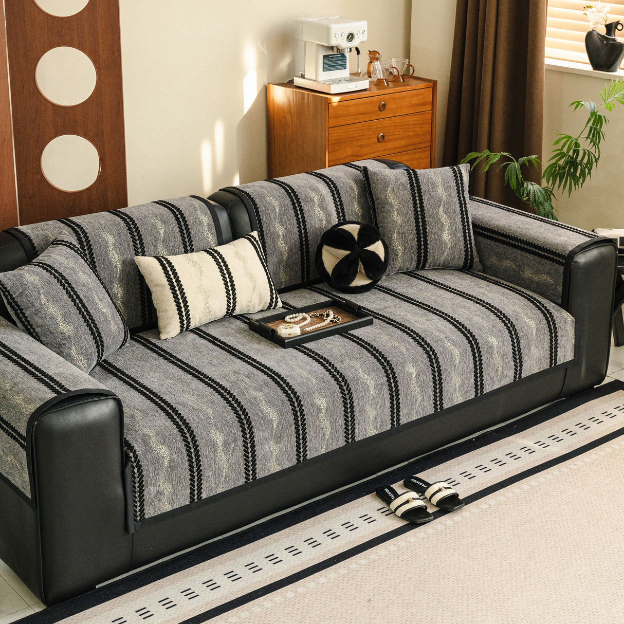 Non-Slip Sofa Cover with Thick Chenille Texture Woven Stripe Couch Protector Throw