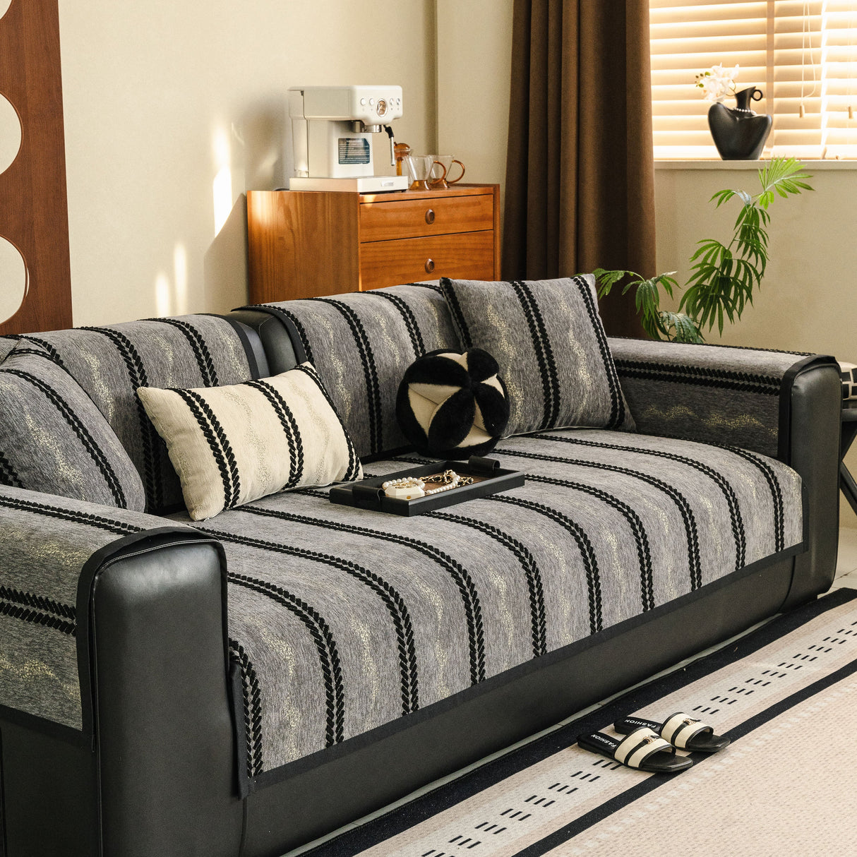 Non-Slip Sofa Cover with Thick Chenille Texture Woven Stripe Couch Protector Throw