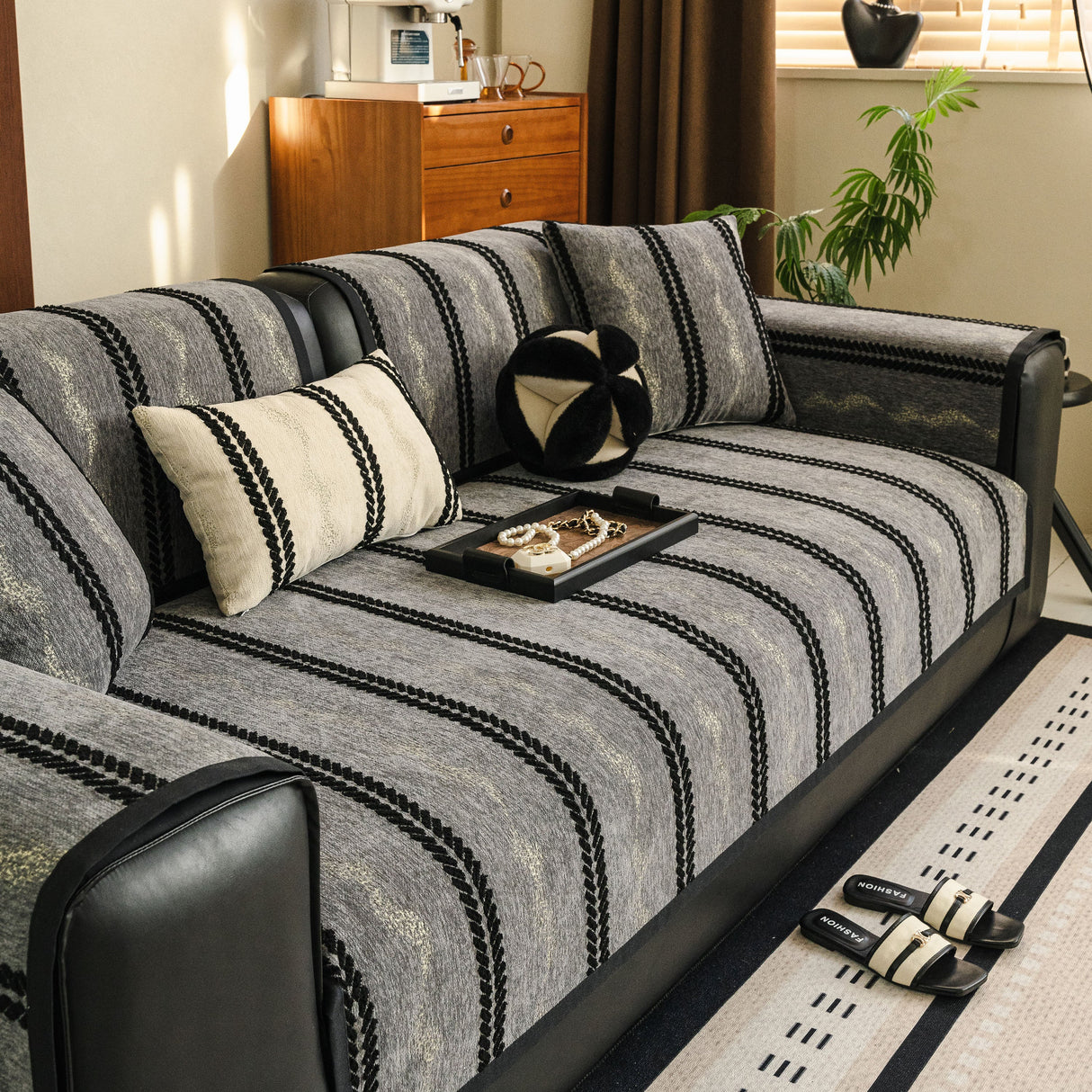 Non-Slip Sofa Cover with Thick Chenille Texture Woven Stripe Couch Protector Throw