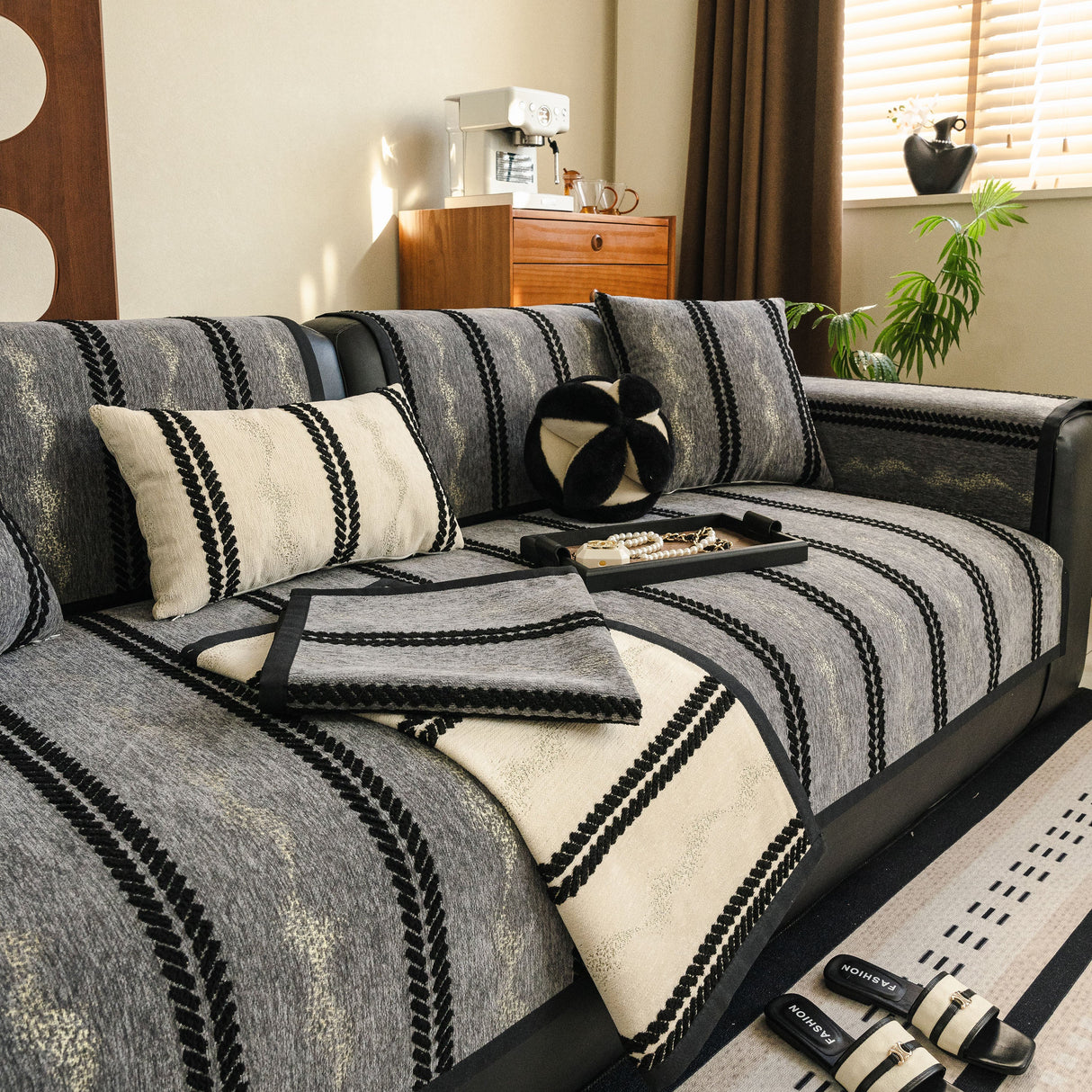 Non-Slip Sofa Cover with Thick Chenille Texture Woven Stripe Couch Protector Throw