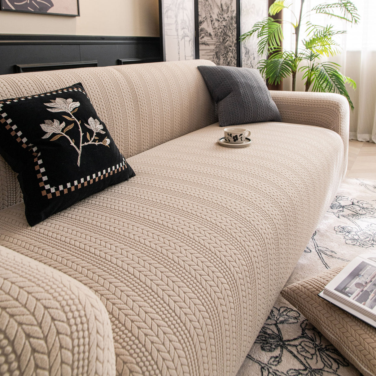 High Stretch Wheat Ear Embossed Textured Couch Slipcover, Water Repellent Sofa Cover