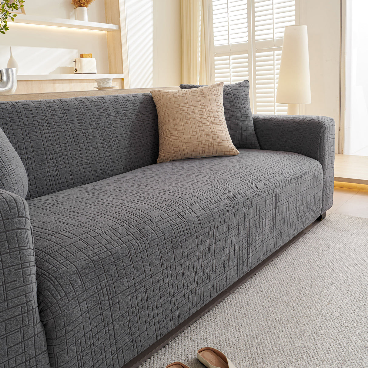 Embossed Lines Couch Covers Stretchable Non-Slip & Washable Sofa Slipcovers