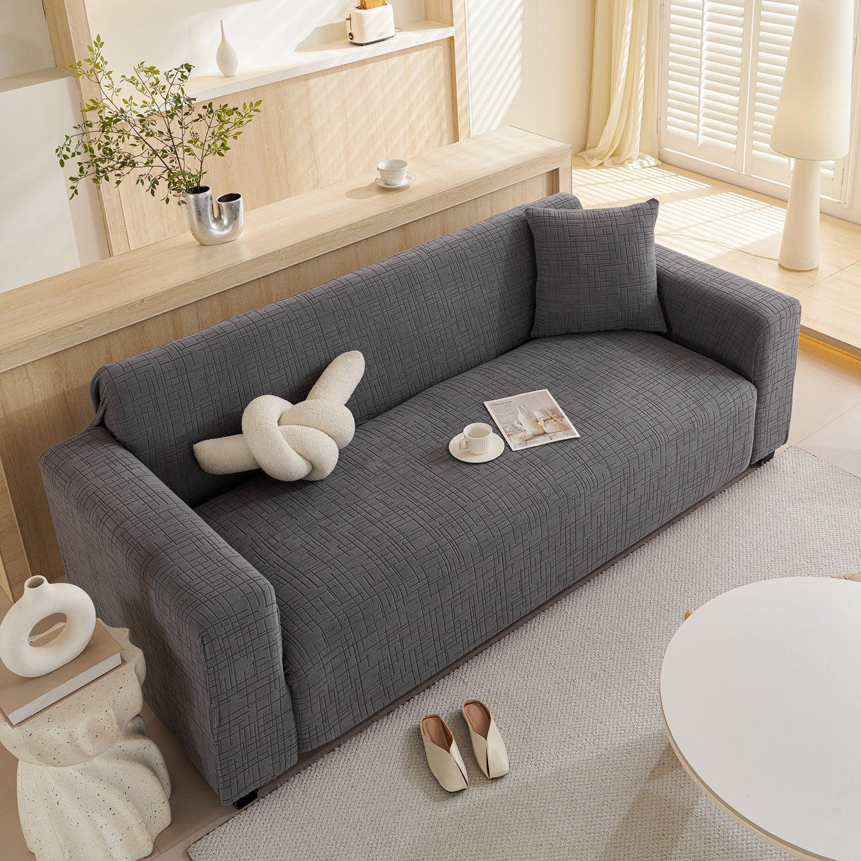 Embossed Lines Couch Covers Stretchable Non-Slip & Washable Sofa Slipcovers