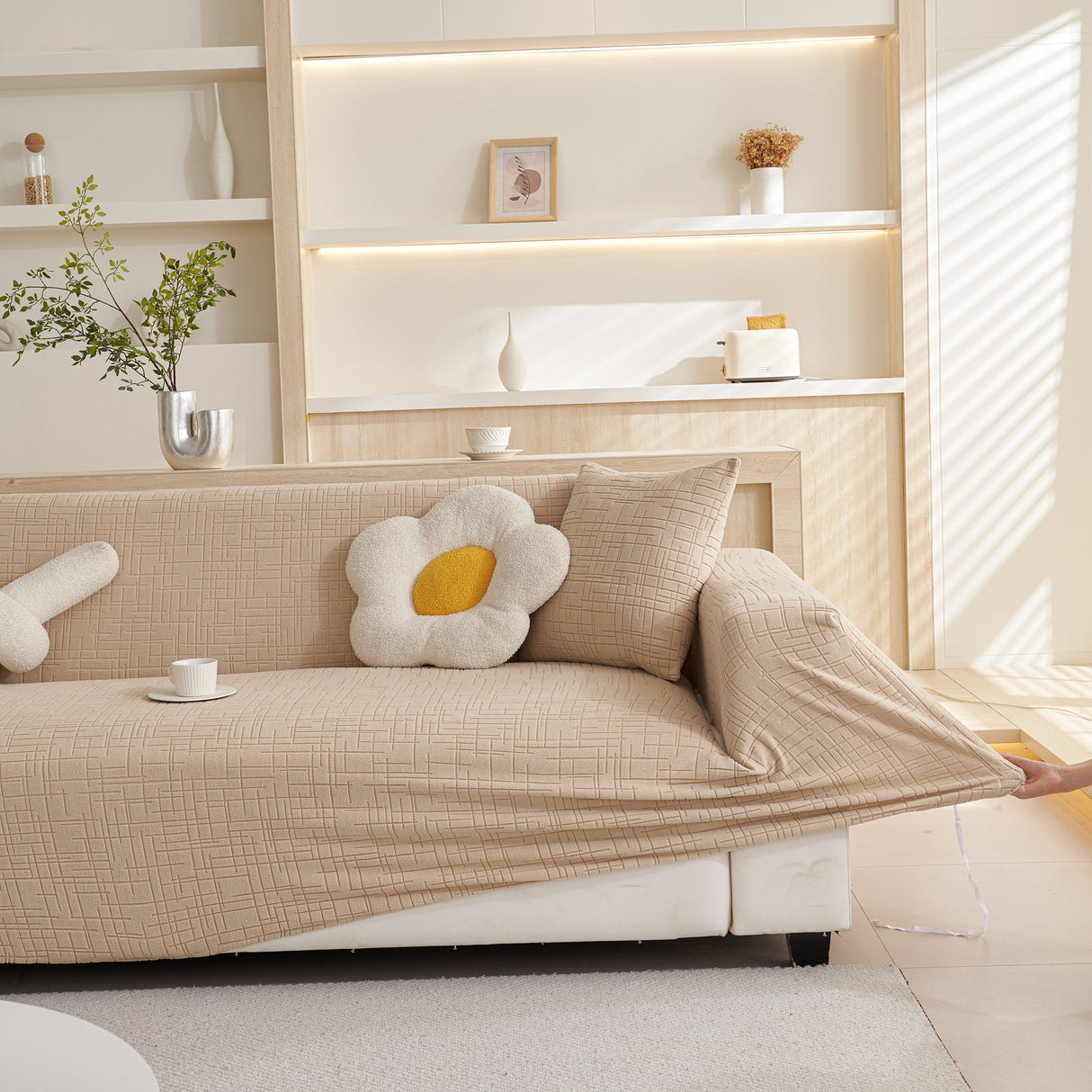 Embossed Lines Couch Covers Stretchable Non-Slip & Washable Sofa Slipcovers