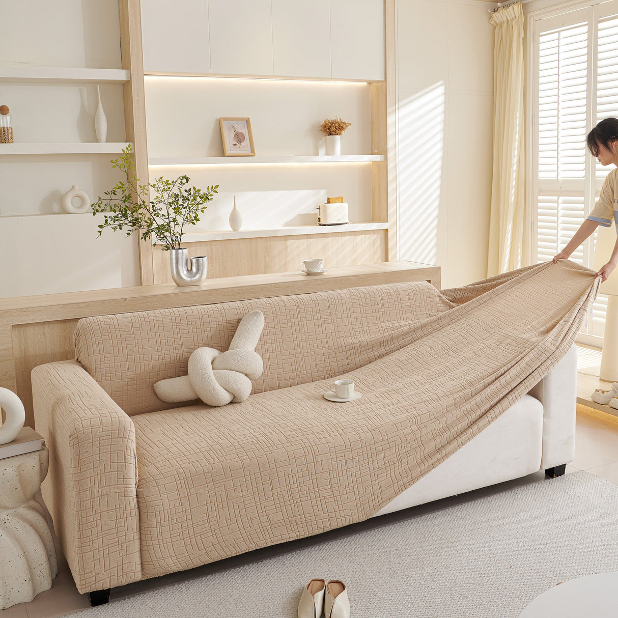 Embossed Lines Couch Covers Stretchable Non-Slip & Washable Sofa Slipcovers