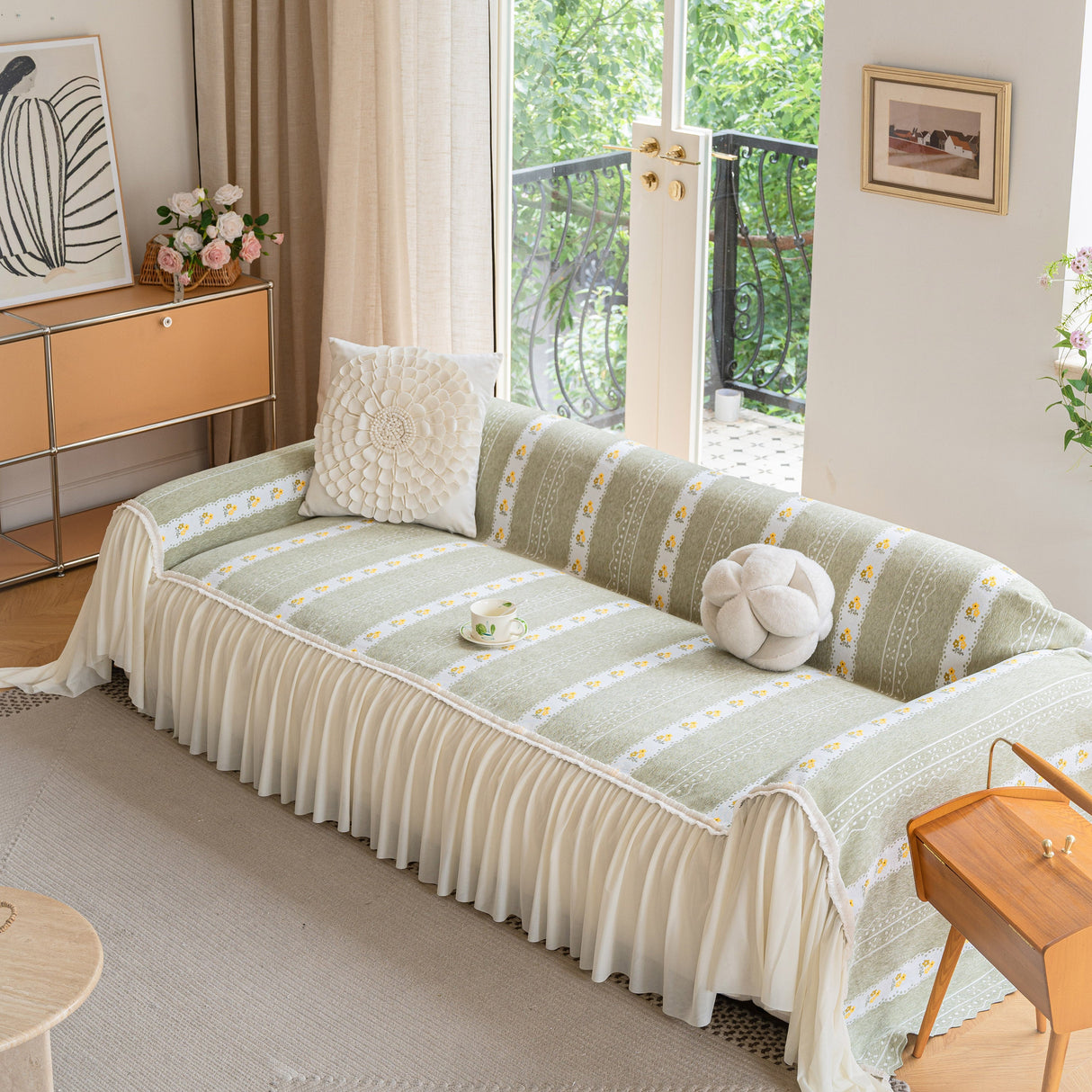 Daisy Striped Sofa Cover with Sheer Ruffle Skirt, Floral Soft Slipcover Blanket