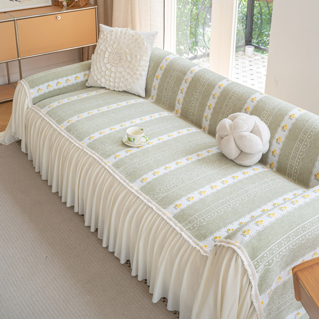 Daisy Striped Sofa Cover with Sheer Ruffle Skirt, Floral Soft Slipcover Blanket