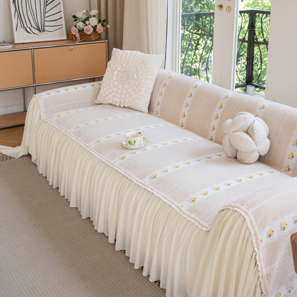 Daisy Striped Sofa Cover with Sheer Ruffle Skirt, Floral Soft Slipcover Blanket