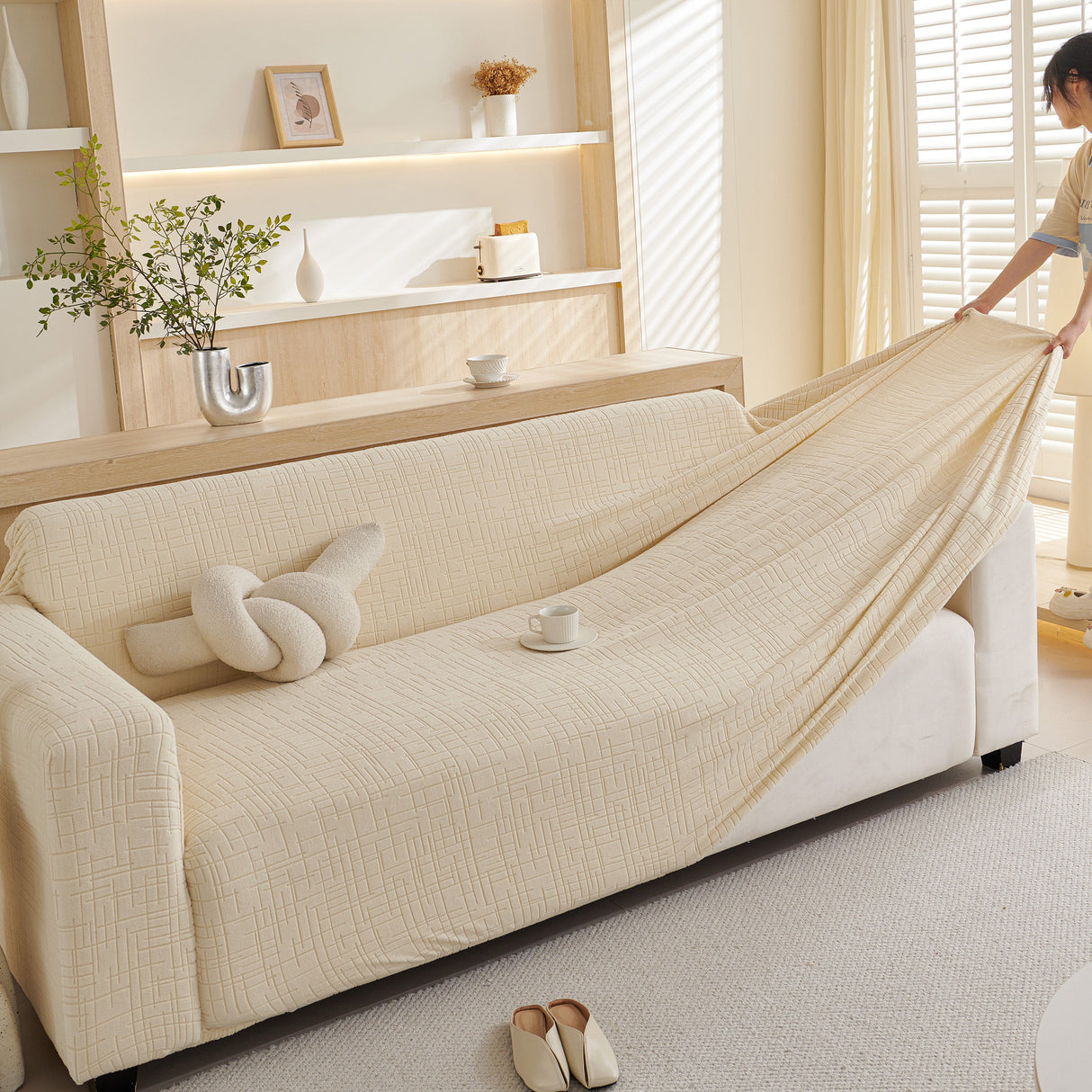 Embossed Lines Couch Covers Stretchable Non-Slip & Washable Sofa Slipcovers