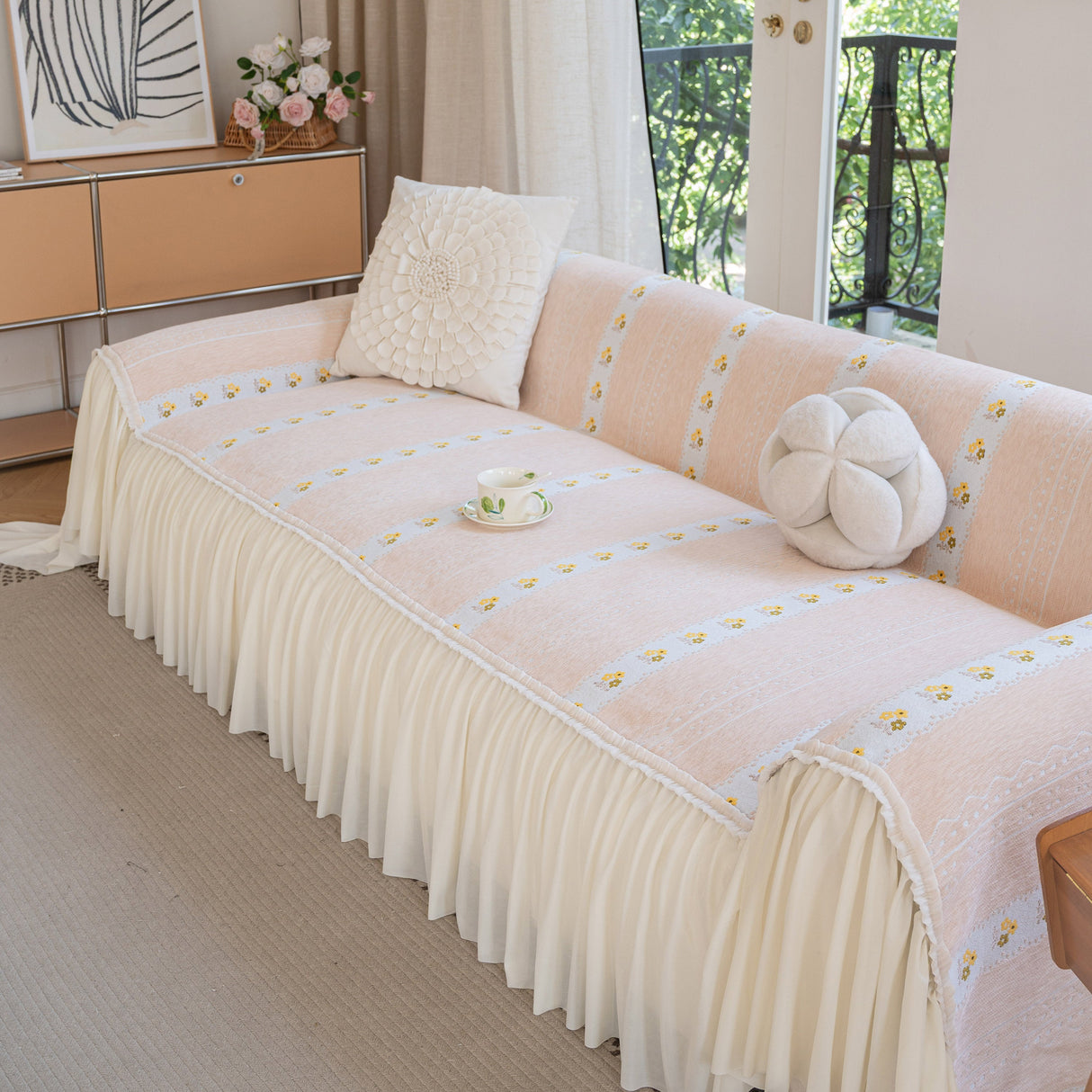 Daisy Striped Sofa Cover with Sheer Ruffle Skirt, Floral Soft Slipcover Blanket