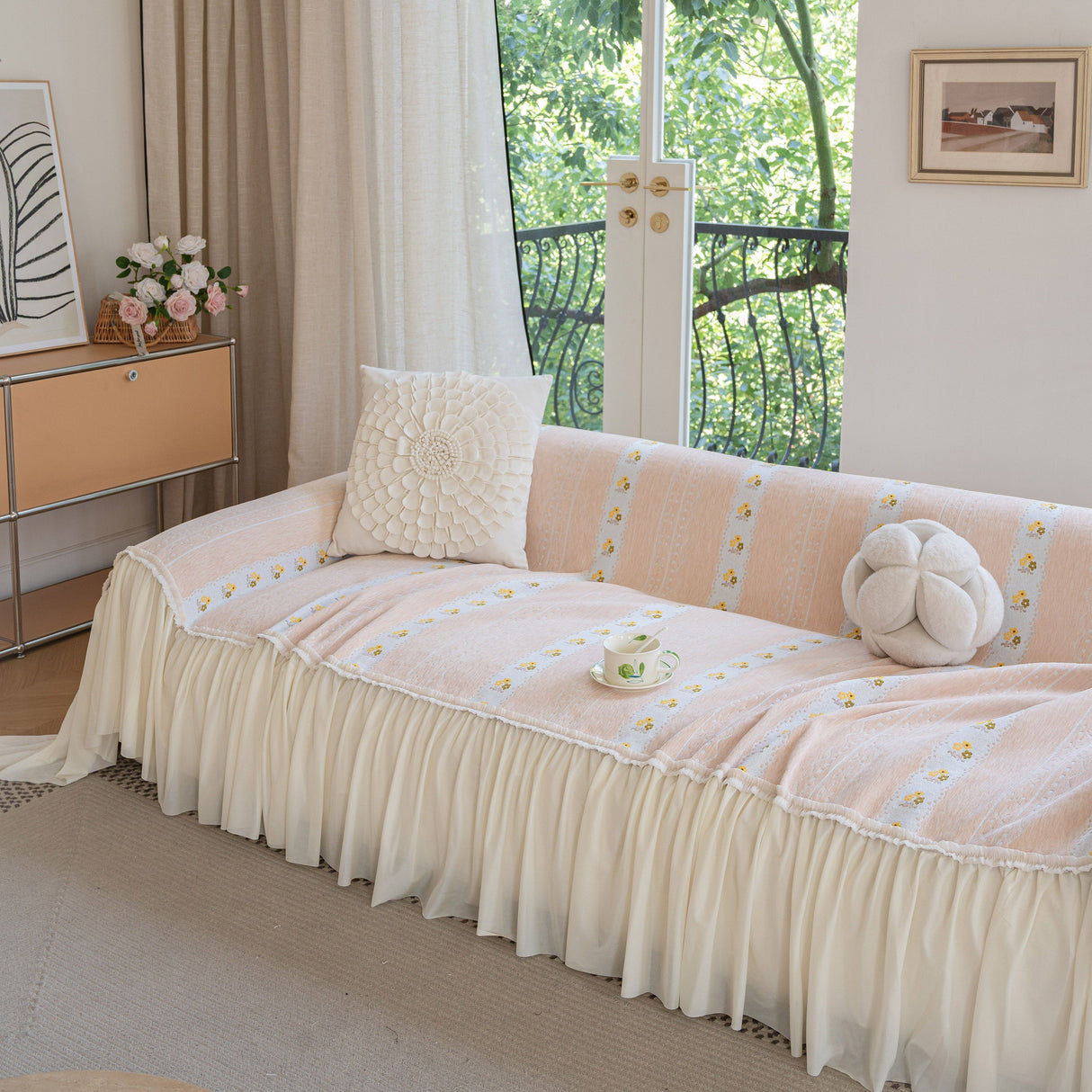 Daisy Striped Sofa Cover with Sheer Ruffle Skirt, Floral Soft Slipcover Blanket