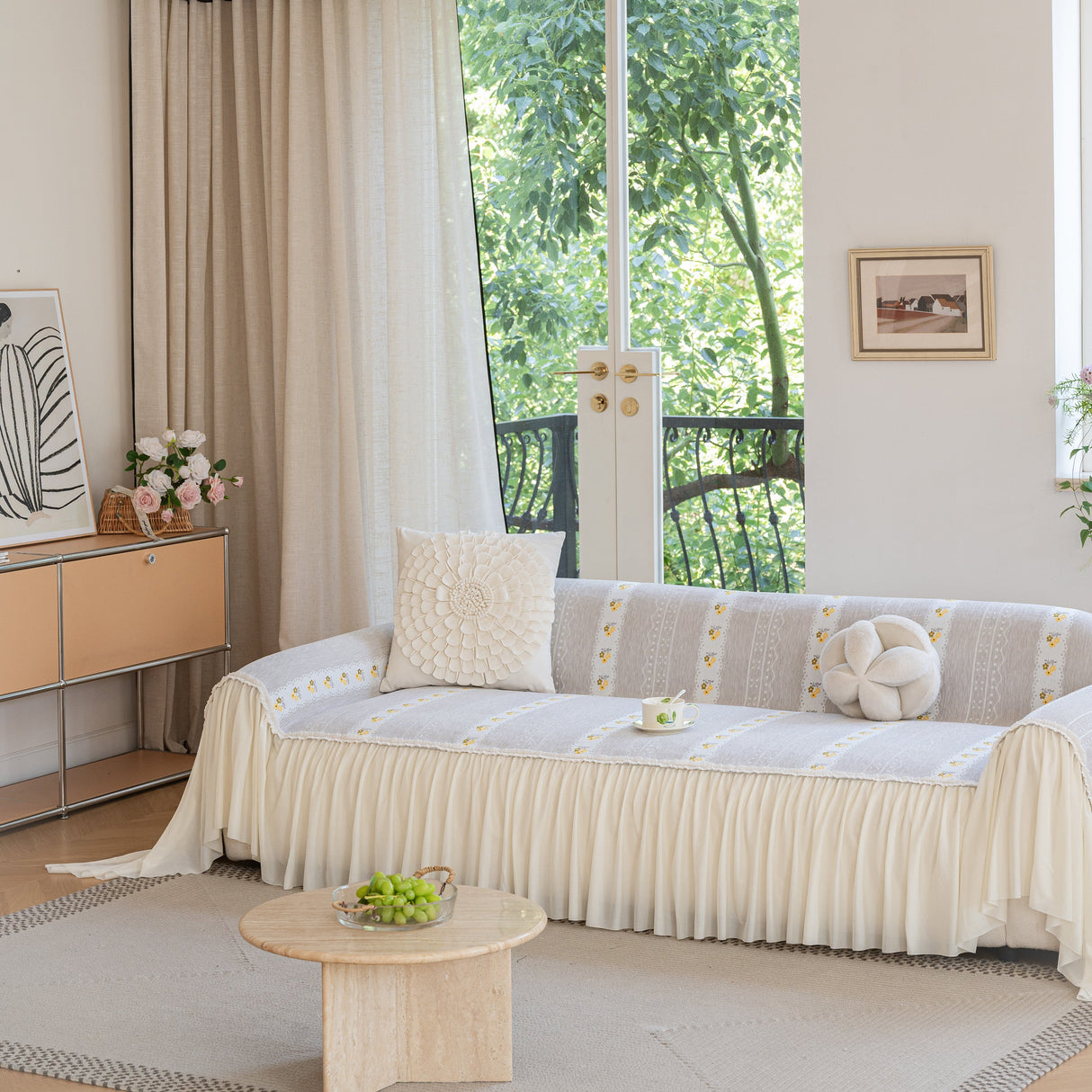 Daisy Striped Sofa Cover with Sheer Ruffle Skirt, Floral Soft Slipcover Blanket