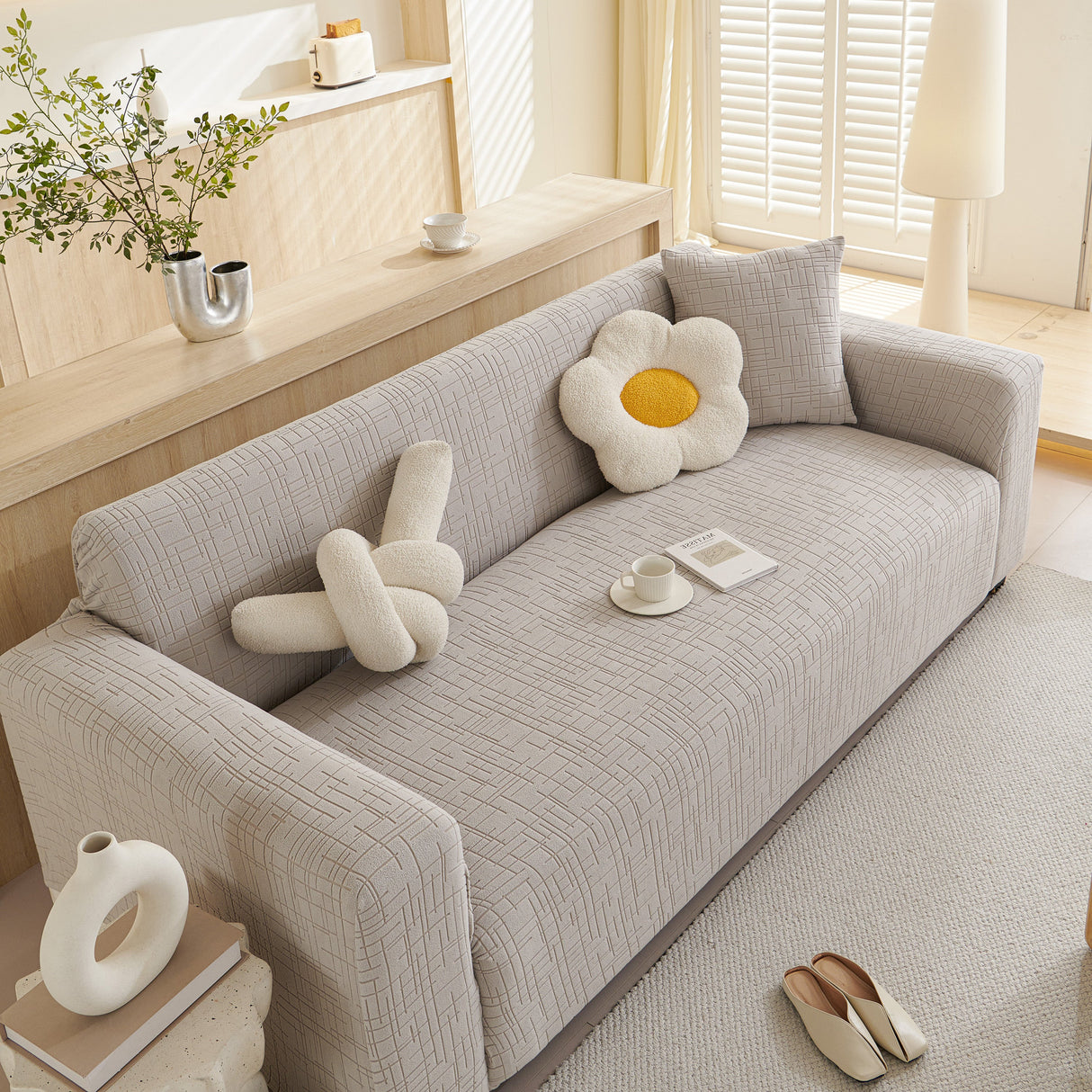 Embossed Lines Couch Covers Stretchable Non-Slip & Washable Sofa Slipcovers