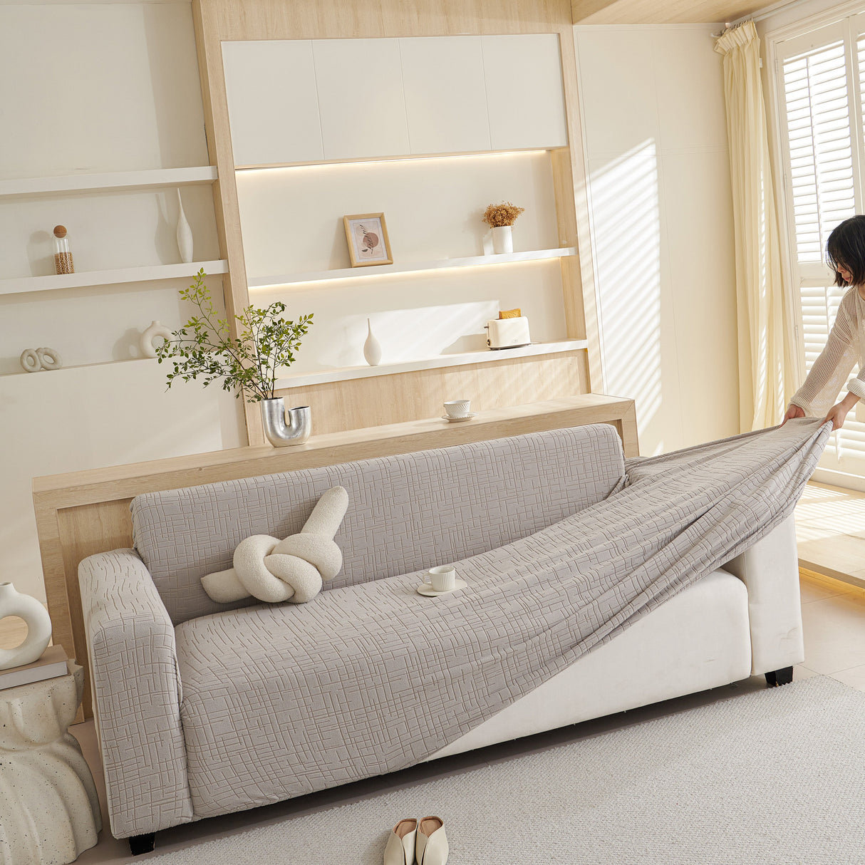 Embossed Lines Couch Covers Stretchable Non-Slip & Washable Sofa Slipcovers