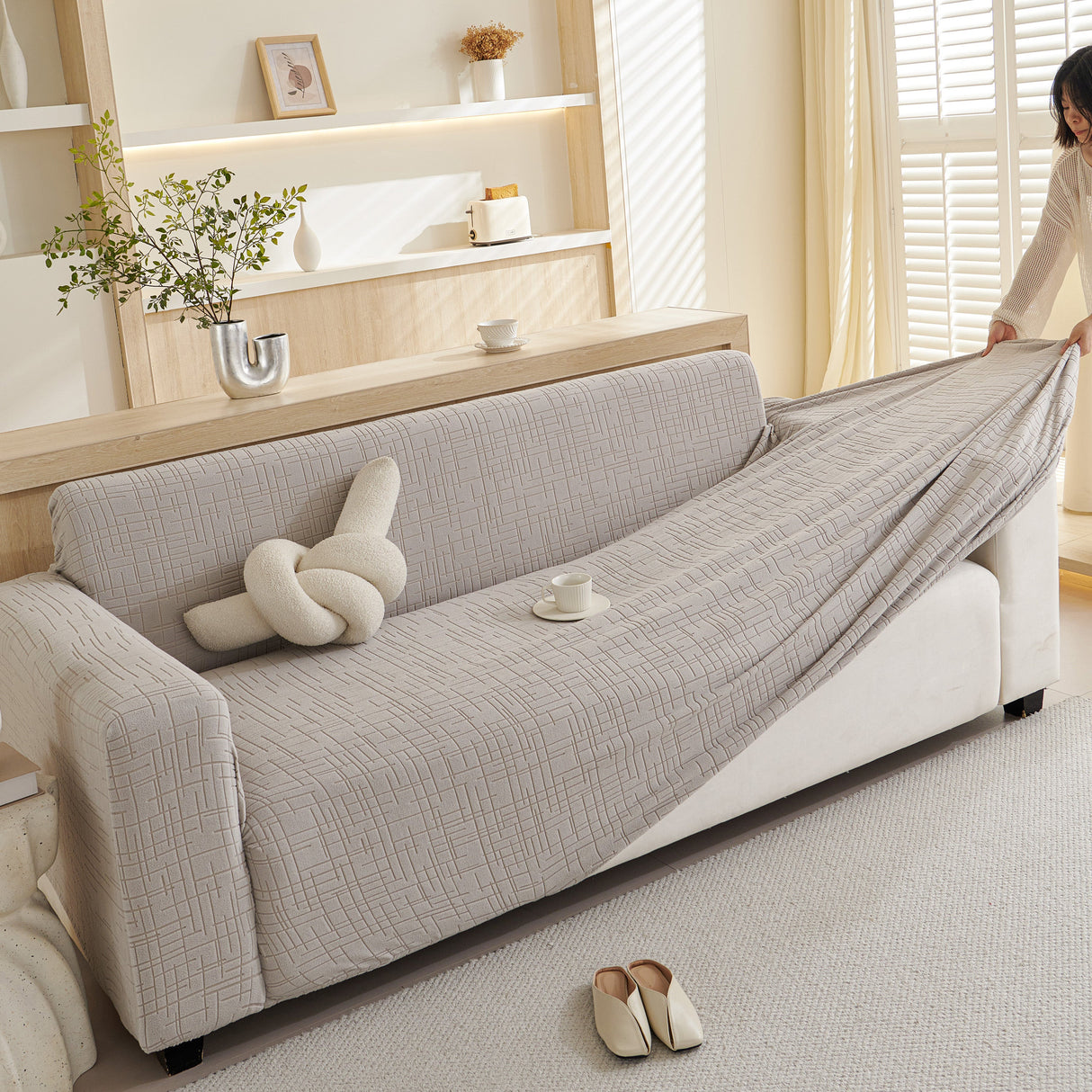 Embossed Lines Couch Covers Stretchable Non-Slip & Washable Sofa Slipcovers