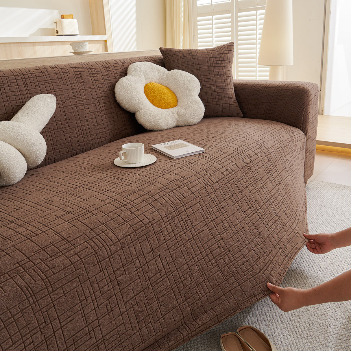 Embossed Lines Couch Covers Stretchable Non-Slip & Washable Sofa Slipcovers