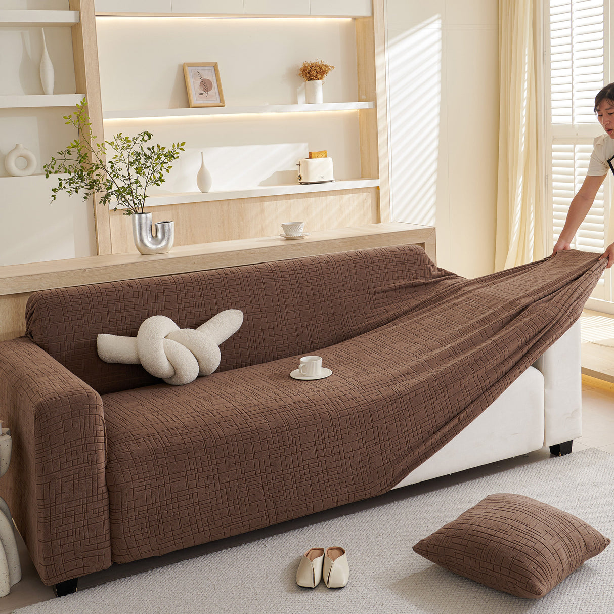 Embossed Lines Couch Covers Stretchable Non-Slip & Washable Sofa Slipcovers