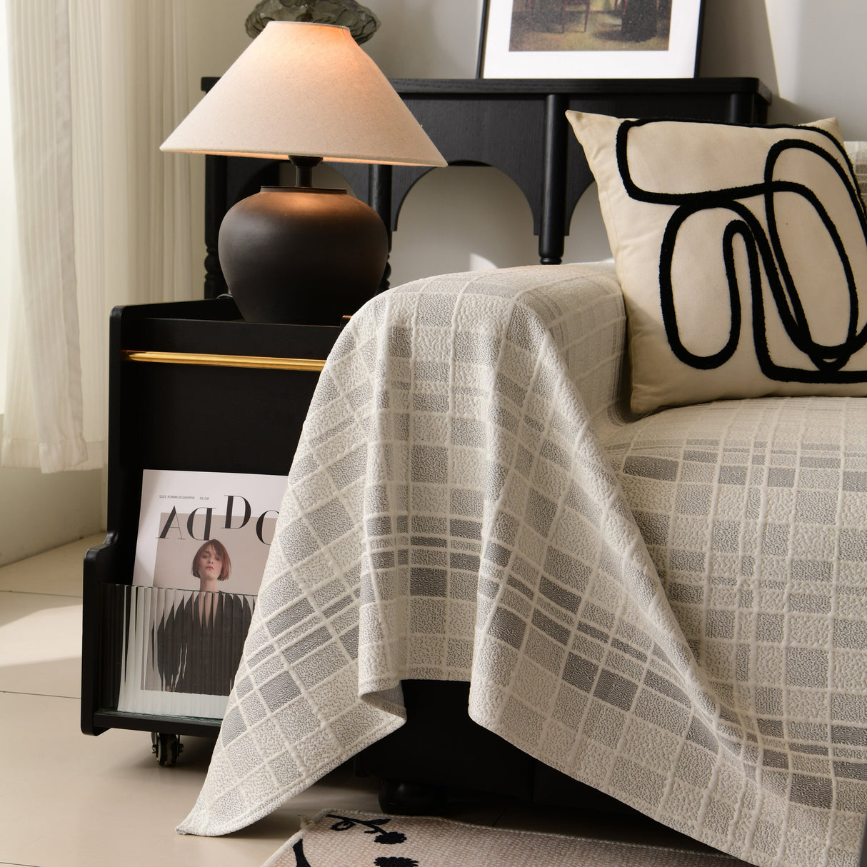 Sofa Cover Throw with Subtle Textured Stripes Lightweight Smooth Couch Slipcover