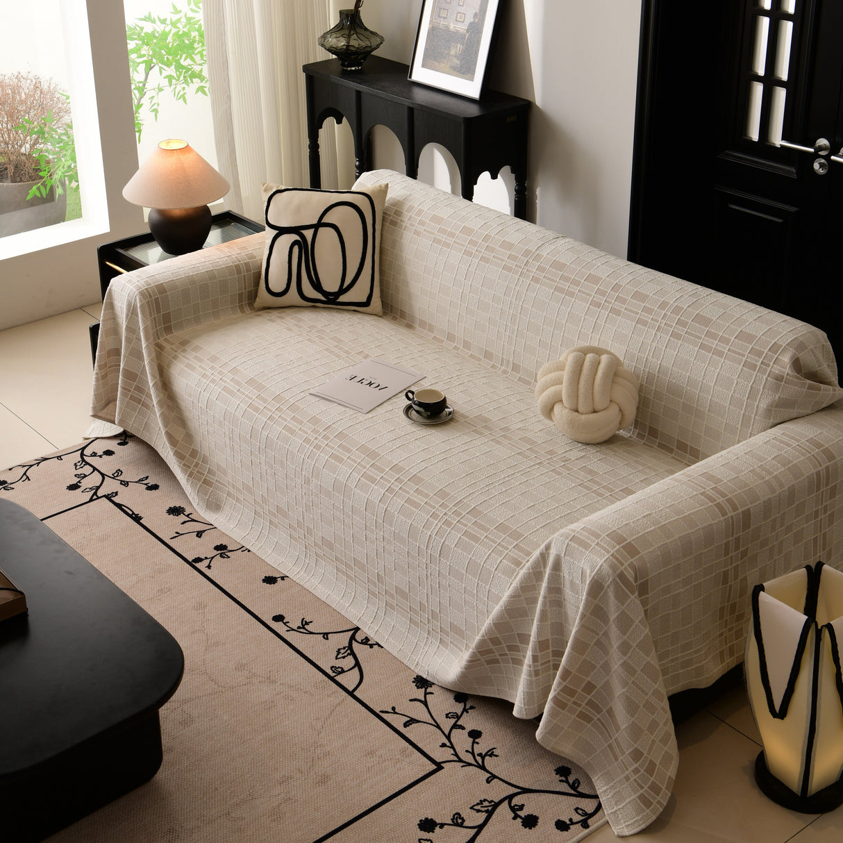 Sofa Cover Throw with Subtle Textured Stripes Lightweight Smooth Couch Slipcover