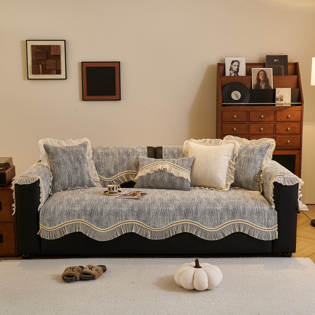 French Vintage Style Couch Cover with Skirt, Non-Slip Sectional Furniture Covers