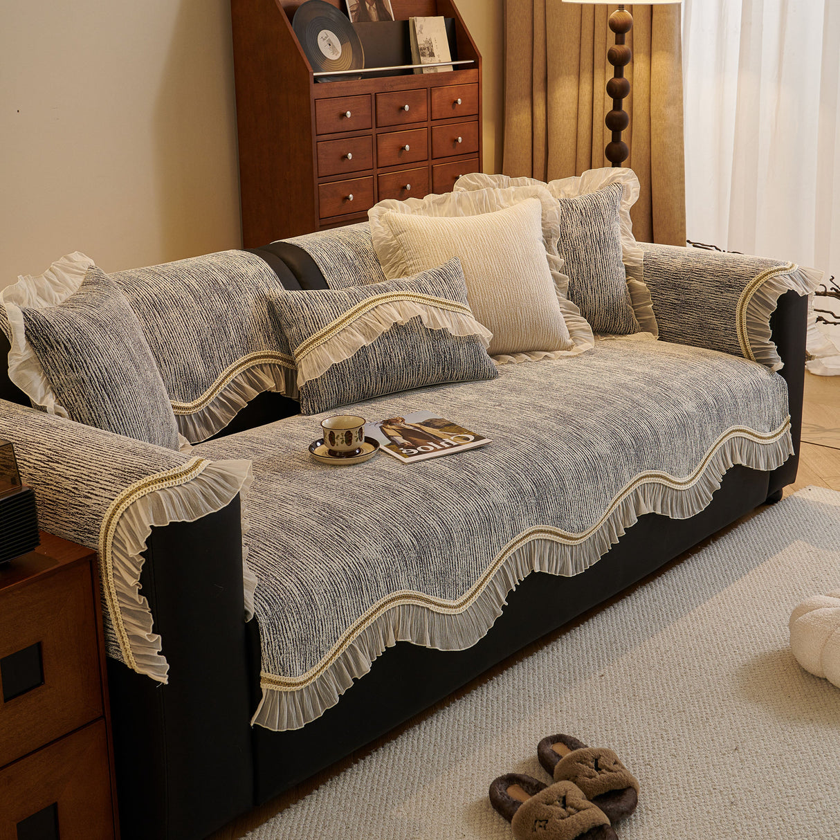 French Vintage Style Couch Cover with Skirt, Non-Slip Sectional Furniture Covers