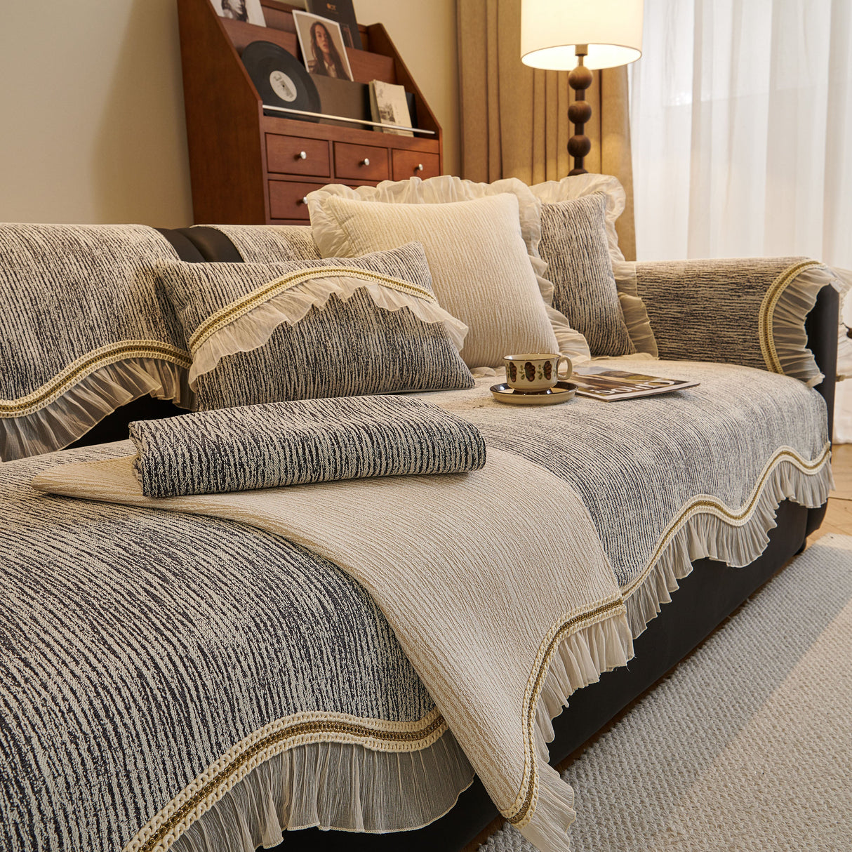 French Vintage Style Couch Cover with Skirt, Non-Slip Sectional Furniture Covers