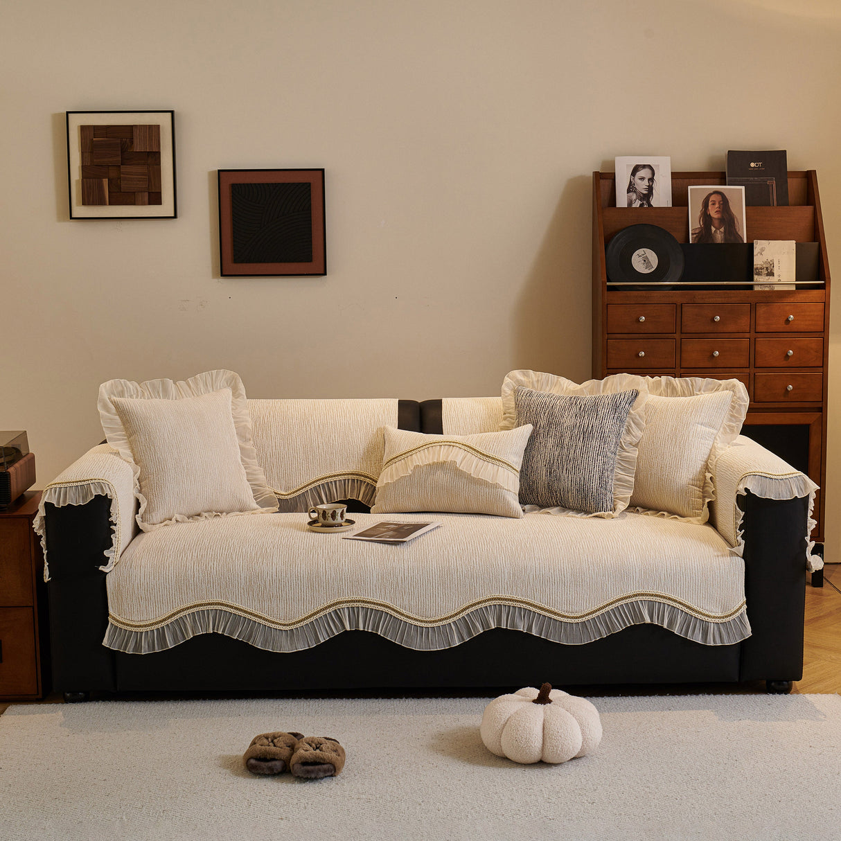 French Vintage Style Couch Cover with Skirt, Non-Slip Sectional Furniture Covers