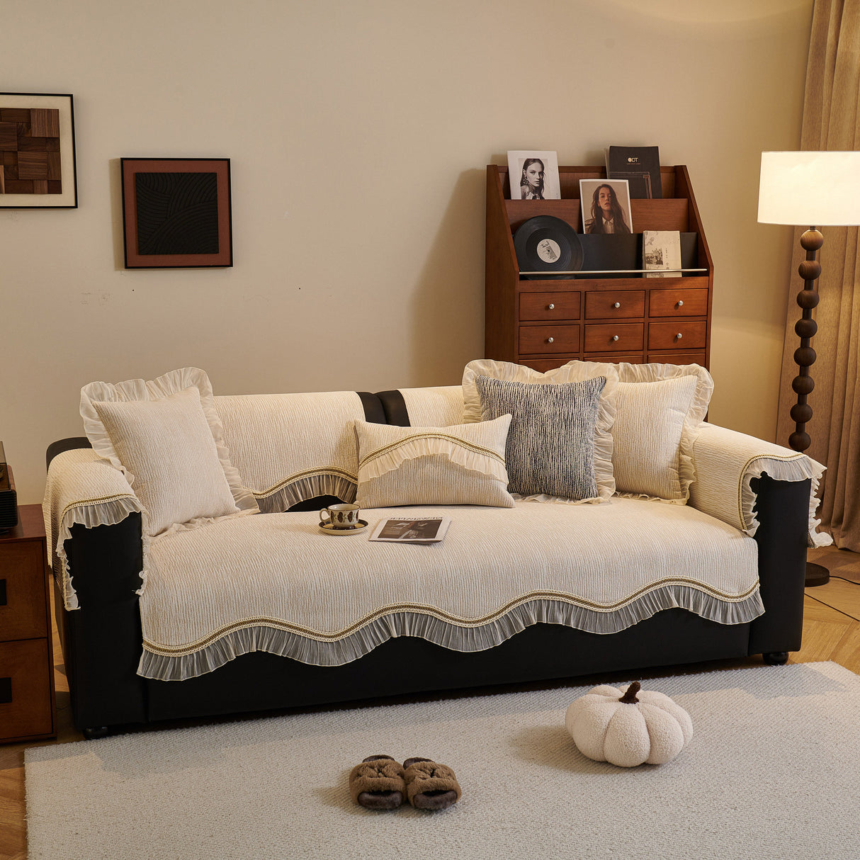 French Vintage Style Couch Cover with Skirt, Non-Slip Sectional Furniture Covers