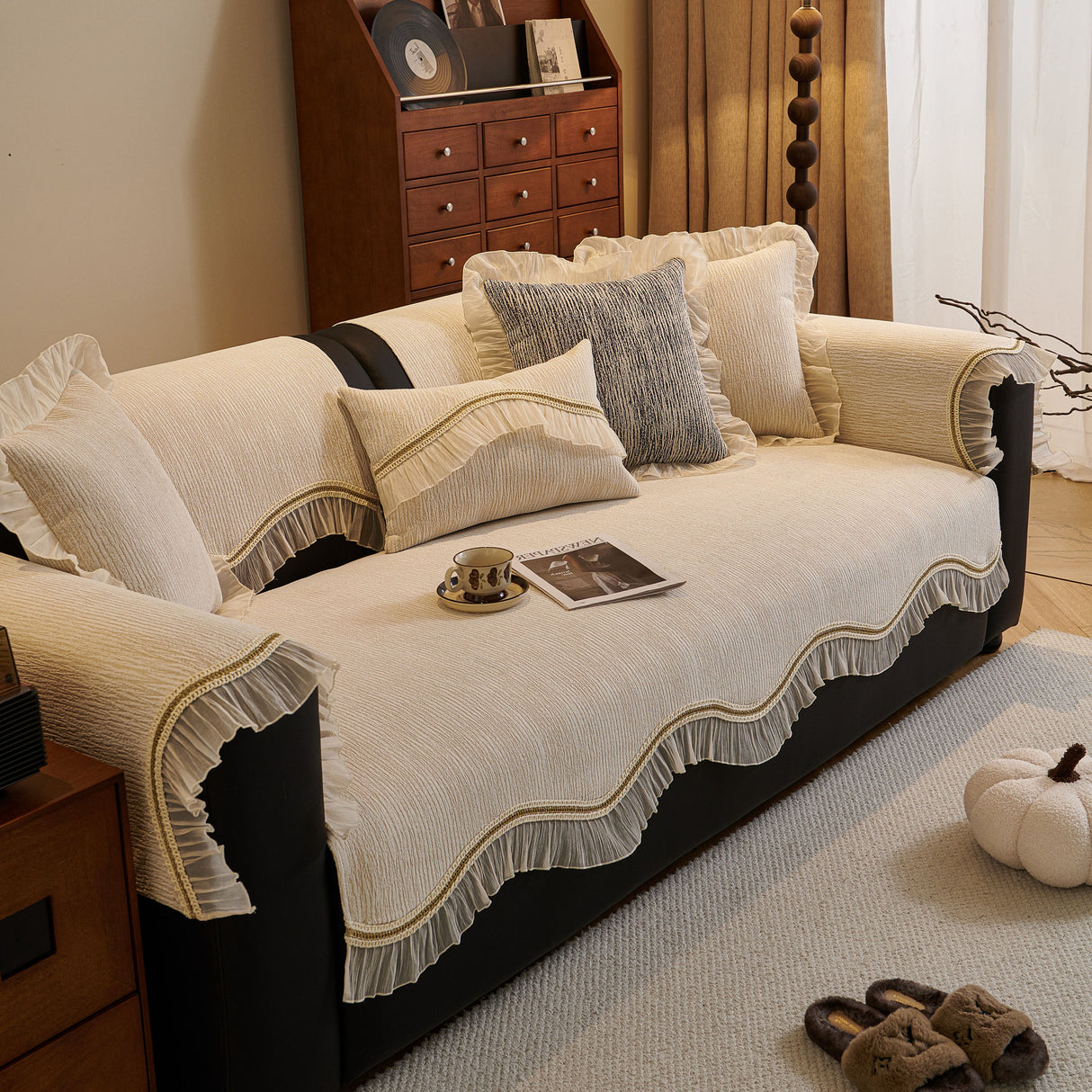 French Vintage Style Couch Cover with Skirt, Non-Slip Sectional Furniture Covers