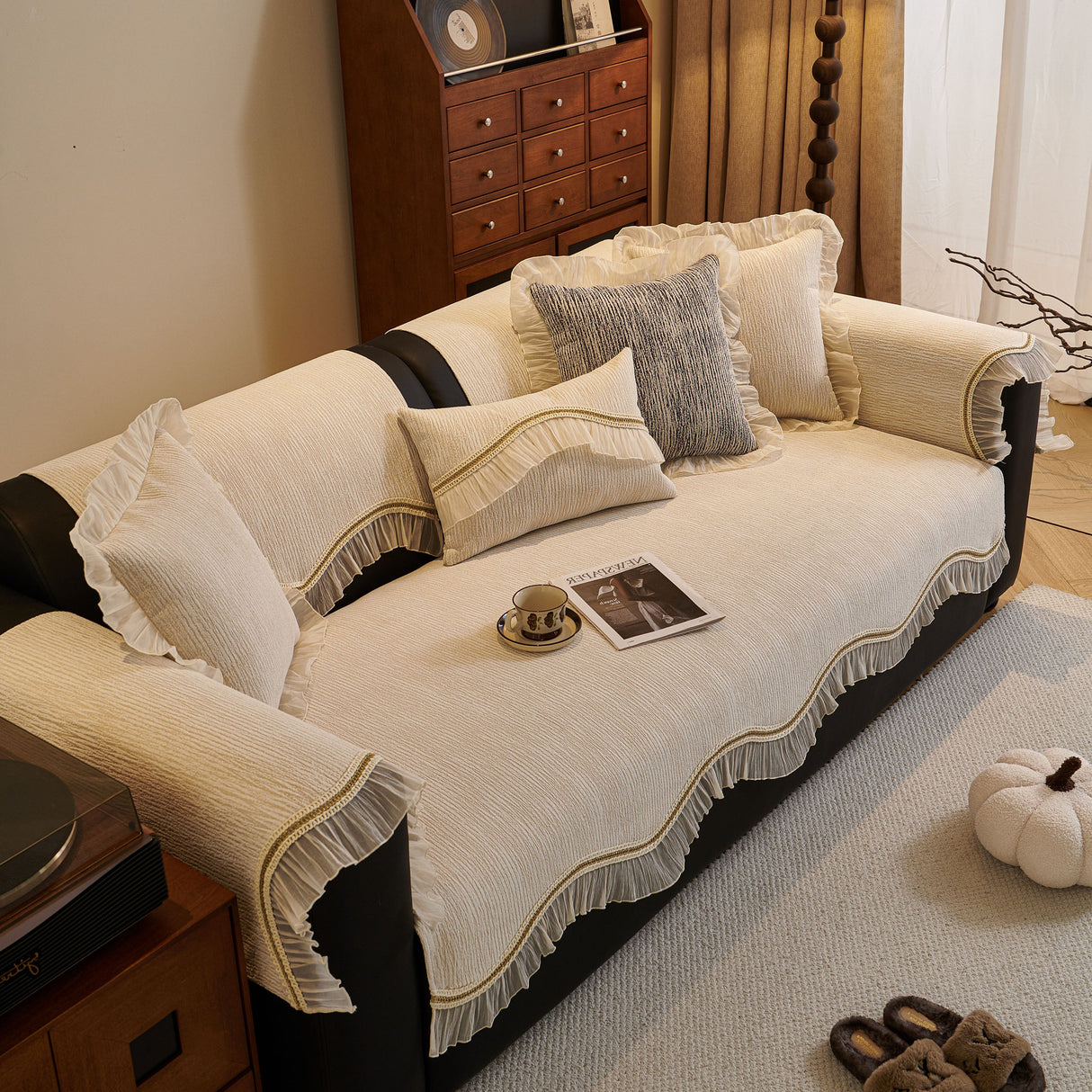 French Vintage Style Couch Cover with Skirt, Non-Slip Sectional Furniture Covers