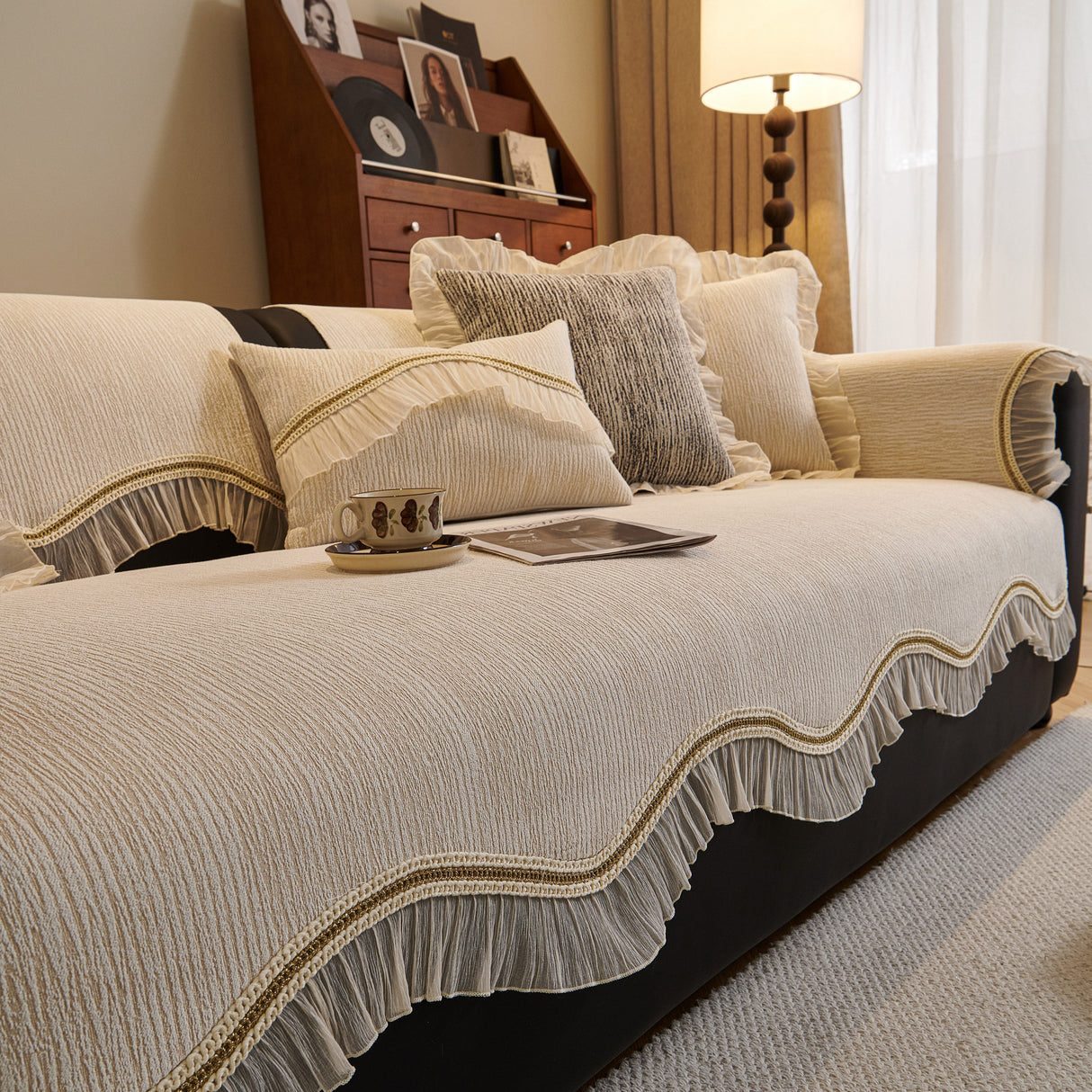 French Vintage Style Couch Cover with Skirt, Non-Slip Sectional Furniture Covers