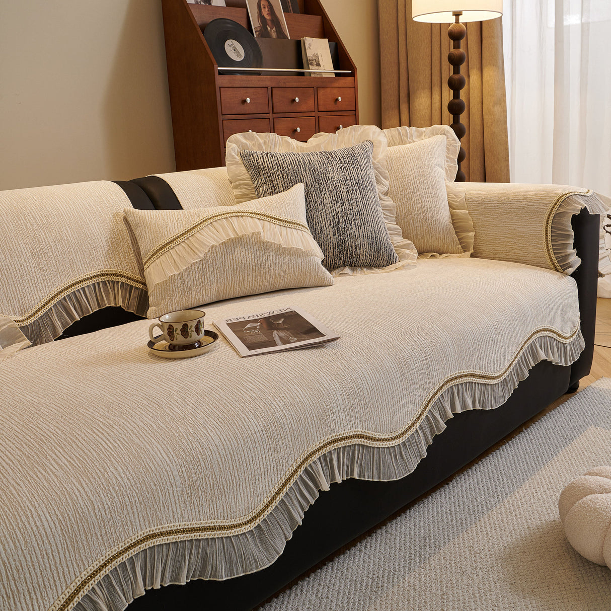 French Vintage Style Couch Cover with Skirt, Non-Slip Sectional Furniture Covers